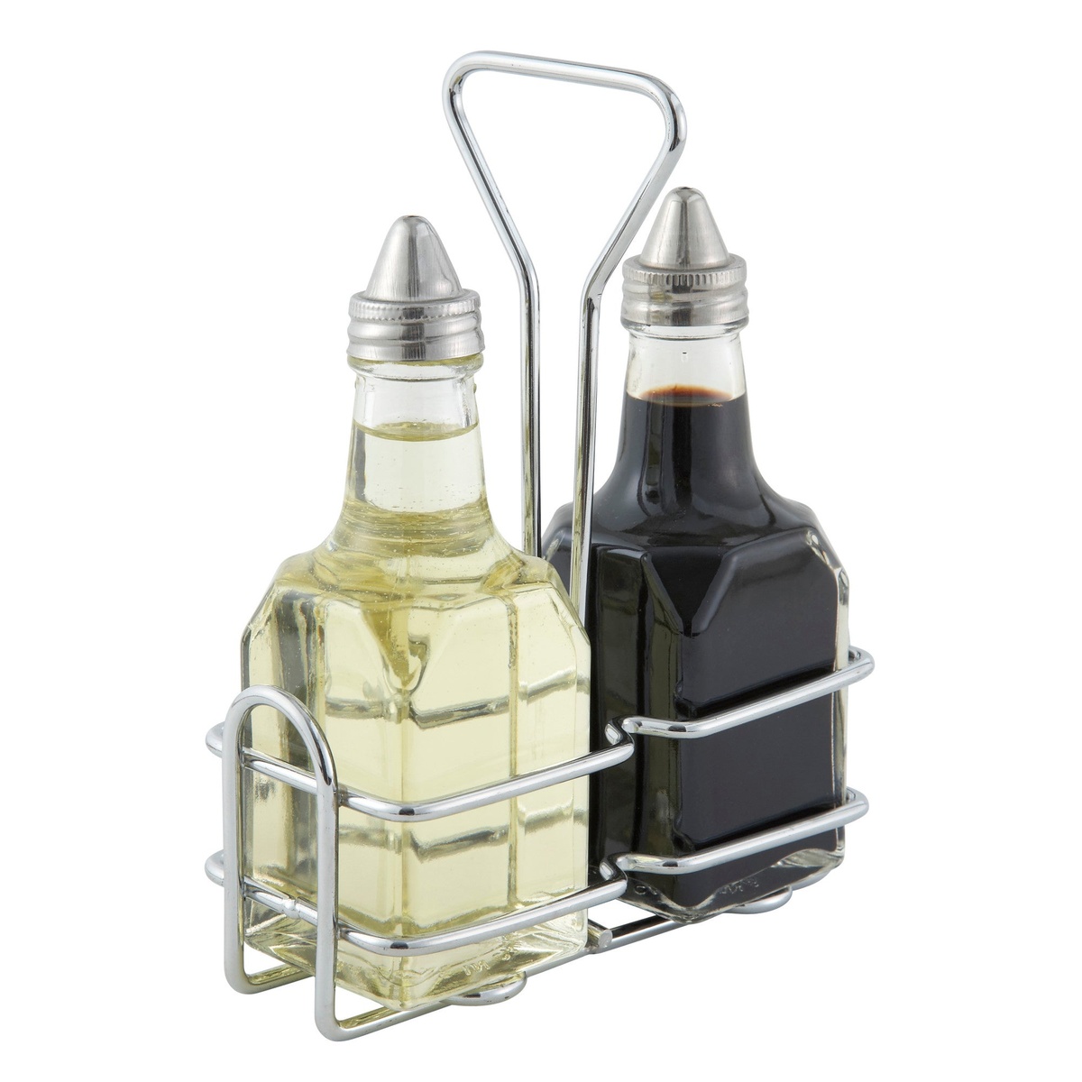 Winco WH-3 chrome wire cruet rack holding two 6 oz glass oil and vinegar bottles with metal pour spouts