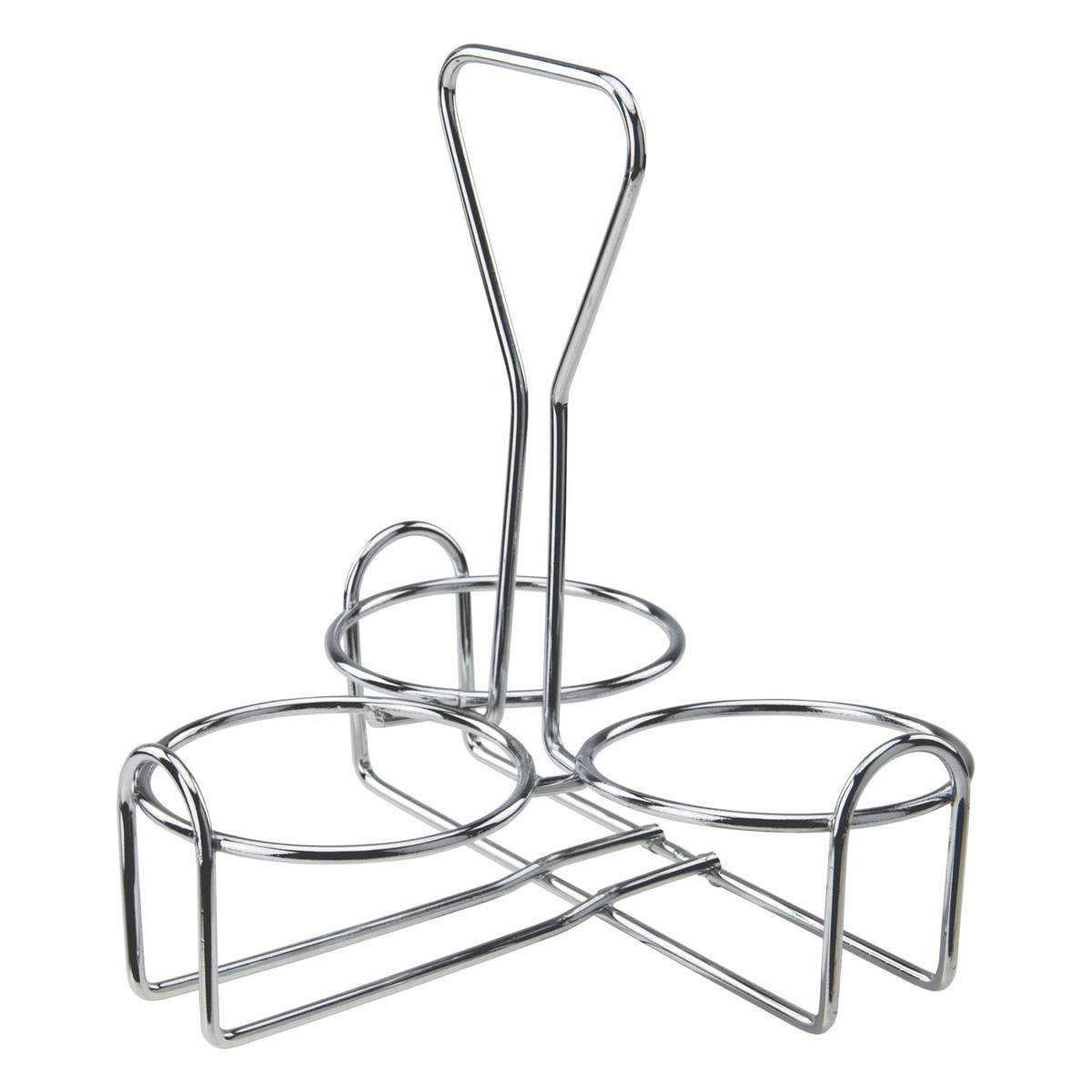 Winco WH-4 chrome-plated 3-ring condiment jar rack, empty, showing wire frame and carry handle