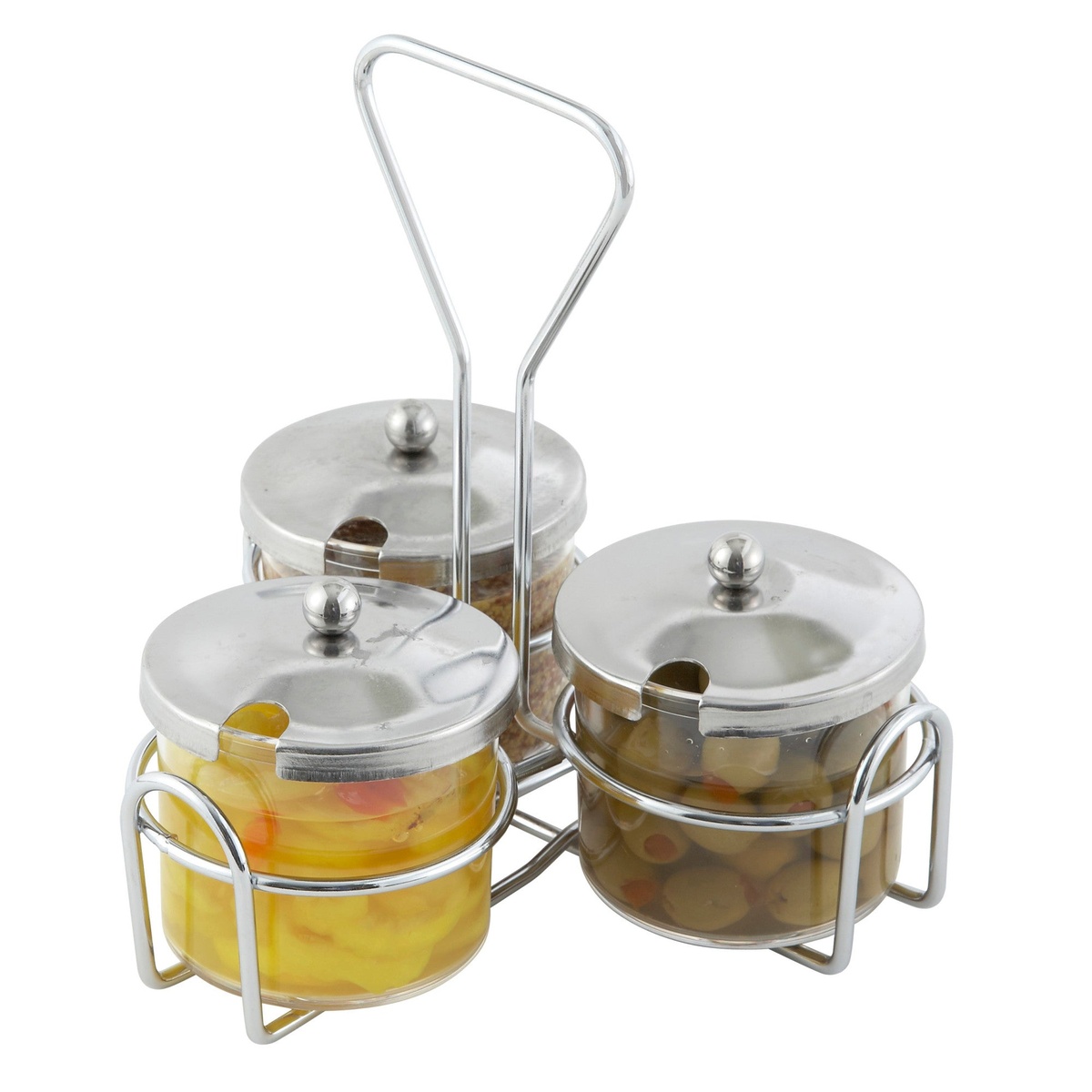 Winco WH-4 chrome-plated 3-ring condiment jar rack holding three filled condiment jars with lids