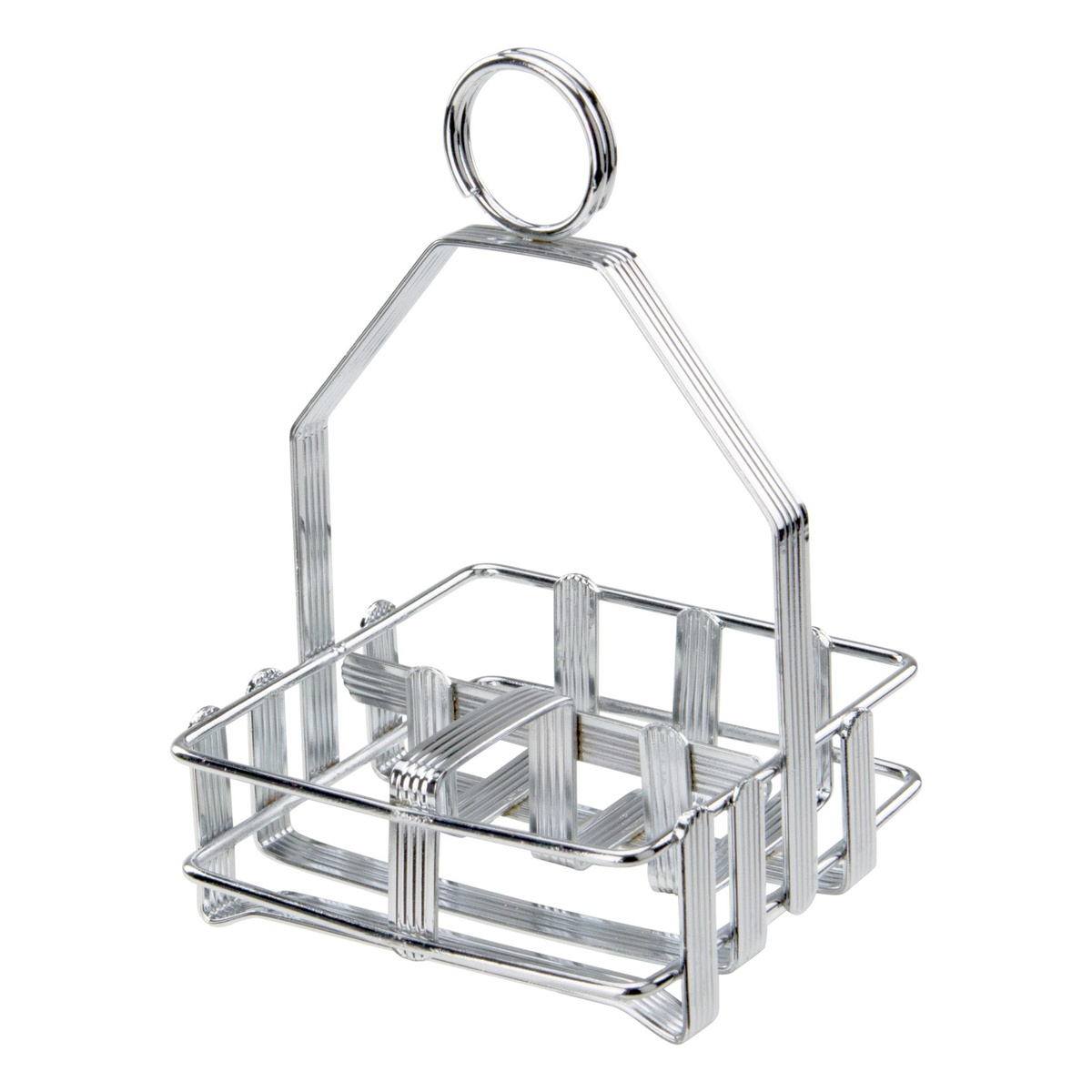 Winco WH-7 chrome-plated wire condiment caddy rack, empty, showing three compartments and top menu holder ring