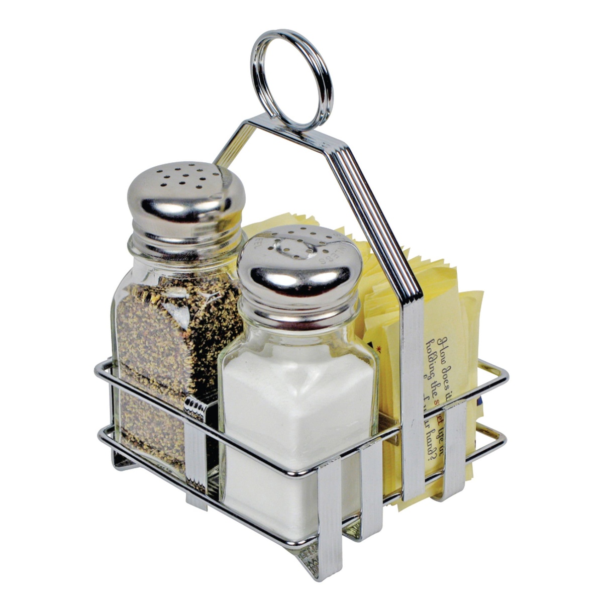 Winco WH-7 chrome wire caddy loaded with salt and pepper glass shakers and sugar packets
