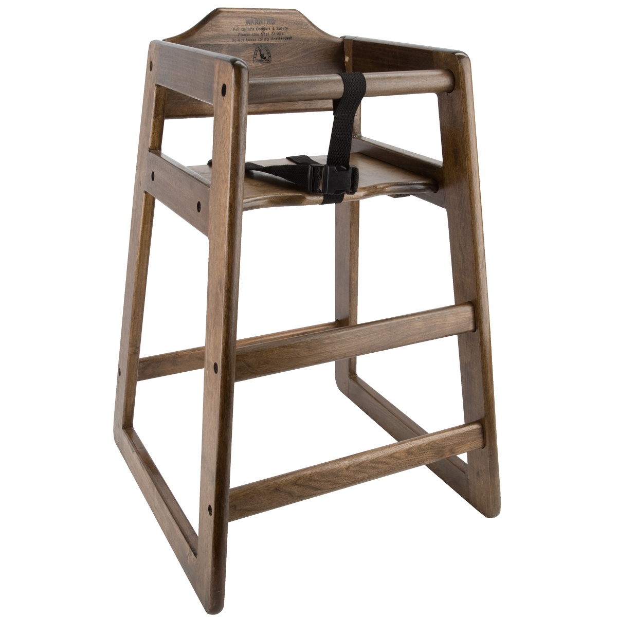 Libertyware WHCFAW-N walnut finish wood high chair with black safety harness, fully assembled