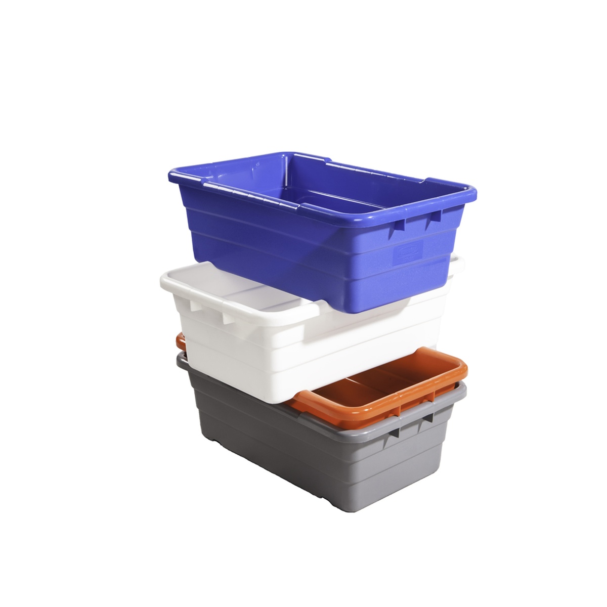 Stacked Winholt WHPL-8 series lugs in blue, white, and gray showing stackable design