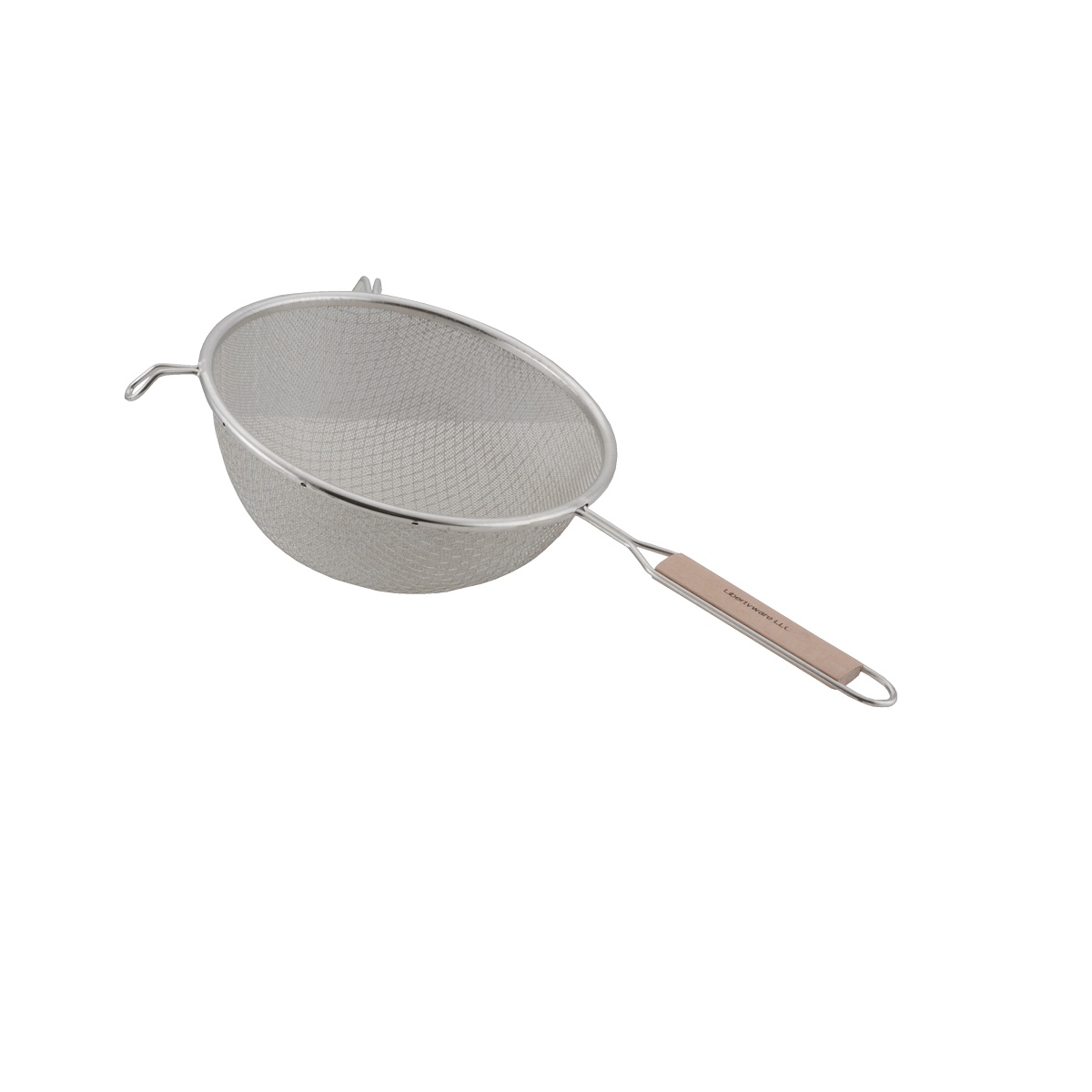 Libertyware WHSDF8 8-inch fine double mesh strainer showing double-layer mesh bowl and wood handle detail