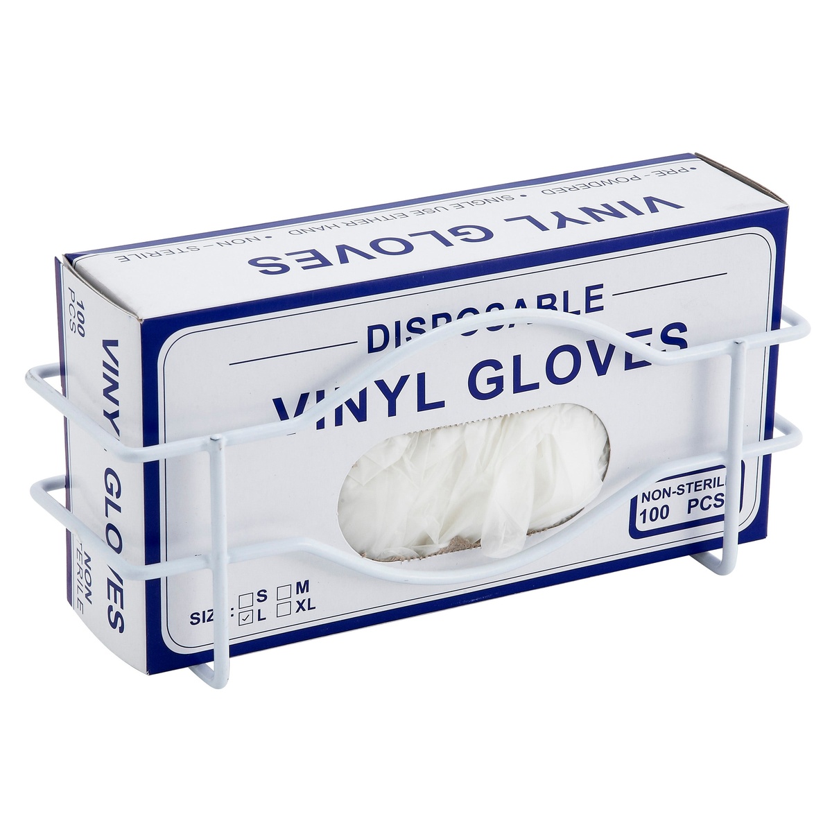 Winco WHW-10 wire glove dispenser holding a vinyl gloves box, angled side view showing frame depth