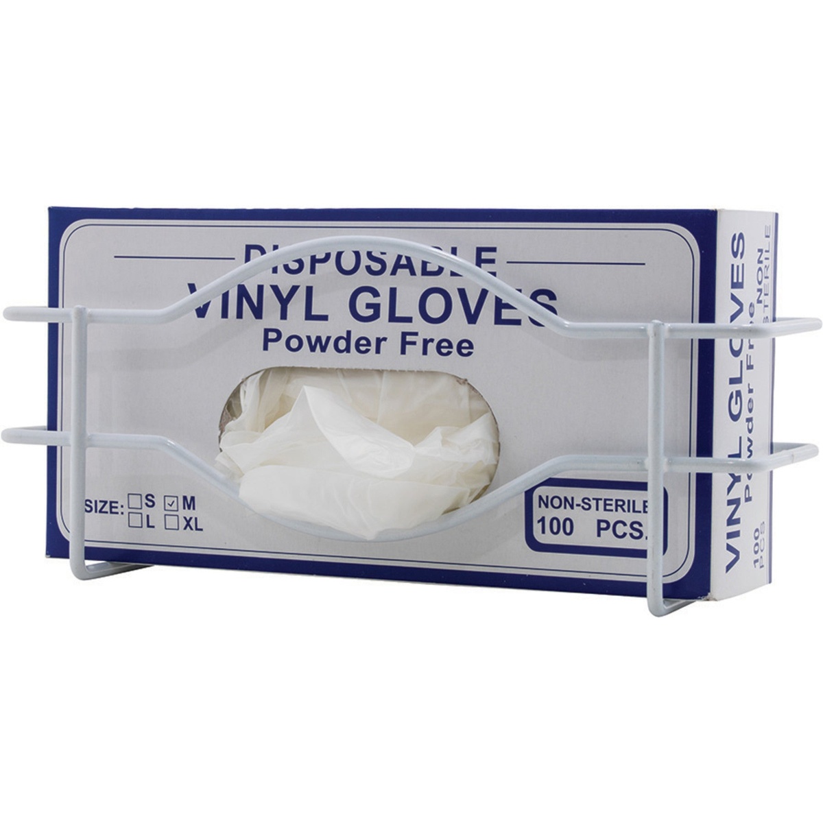 Winco WHW-10 glove box holder with a standard box of vinyl gloves loaded, front-facing view