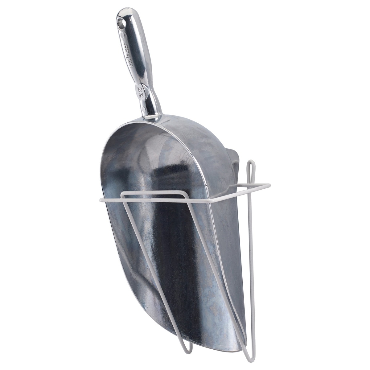 Winco WHW-7 wall-mount scoop holder with an aluminum ice scoop stored inside