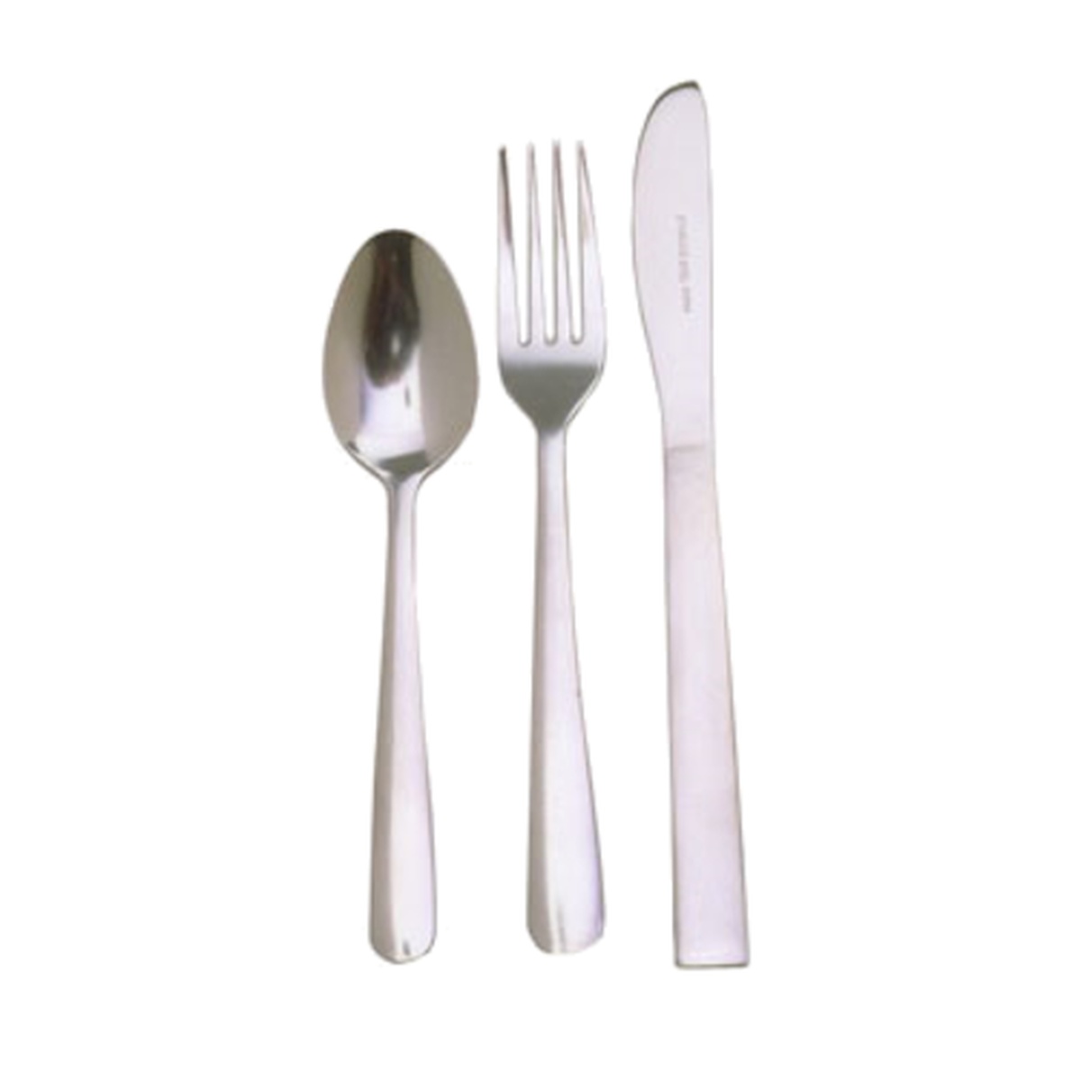 Libertyware Windsor pattern flatware set including spoon, dinner fork, and knife in stainless steel