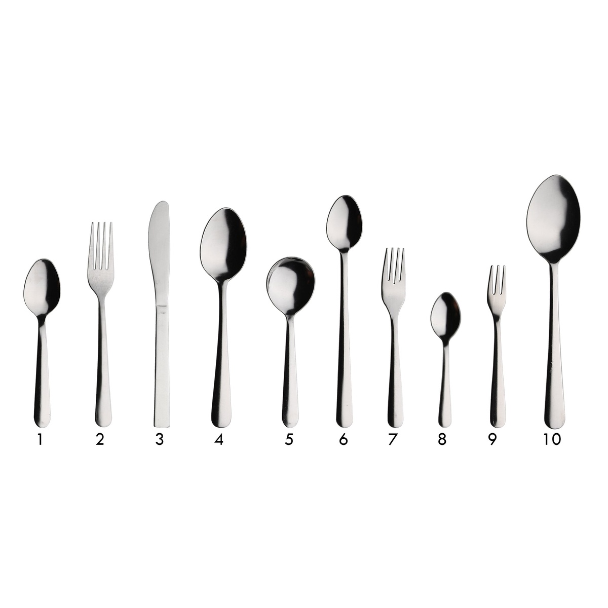 Full Windsor Medium flatware collection showing 10 pieces including forks, knives, and spoons in stainless steel