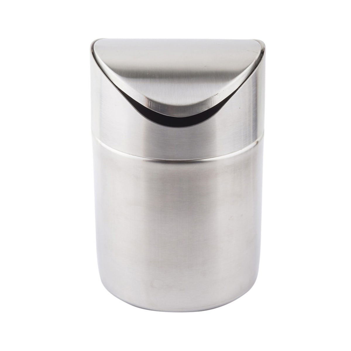 Tablecraft WM1 stainless steel mini countertop waste basket with swing-style lid closed, silver finish