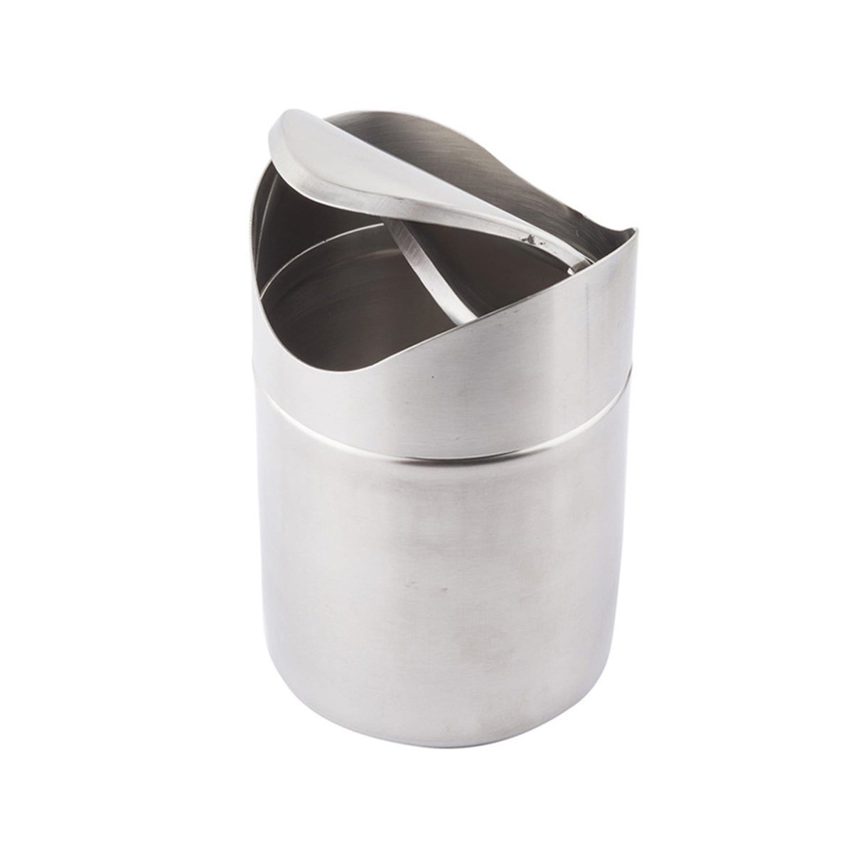 Tablecraft WM1 stainless steel mini waste basket with swing-style lid pushed open, revealing interior