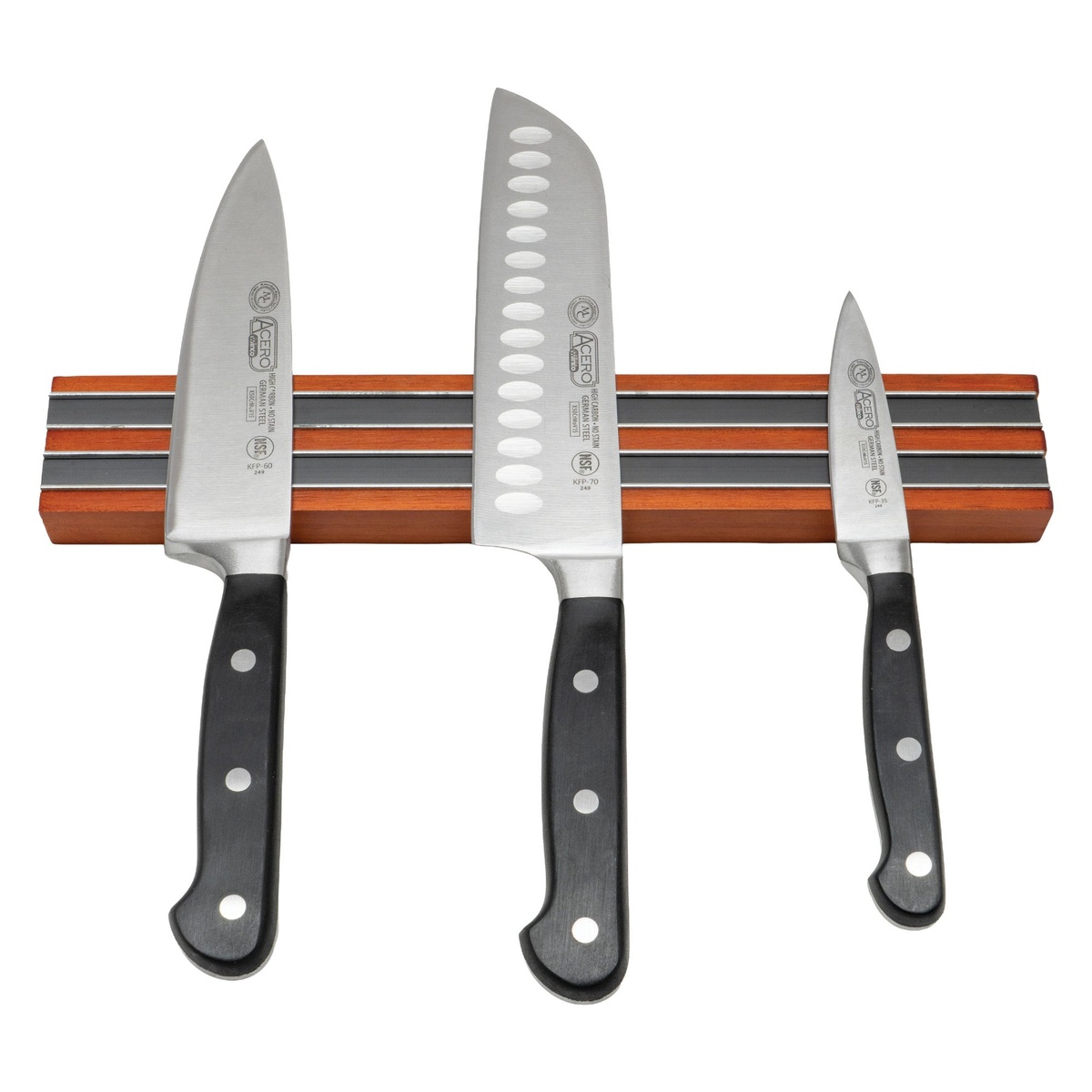 Winco WMB-12 magnetic knife bar holding three chef knives displayed against white background