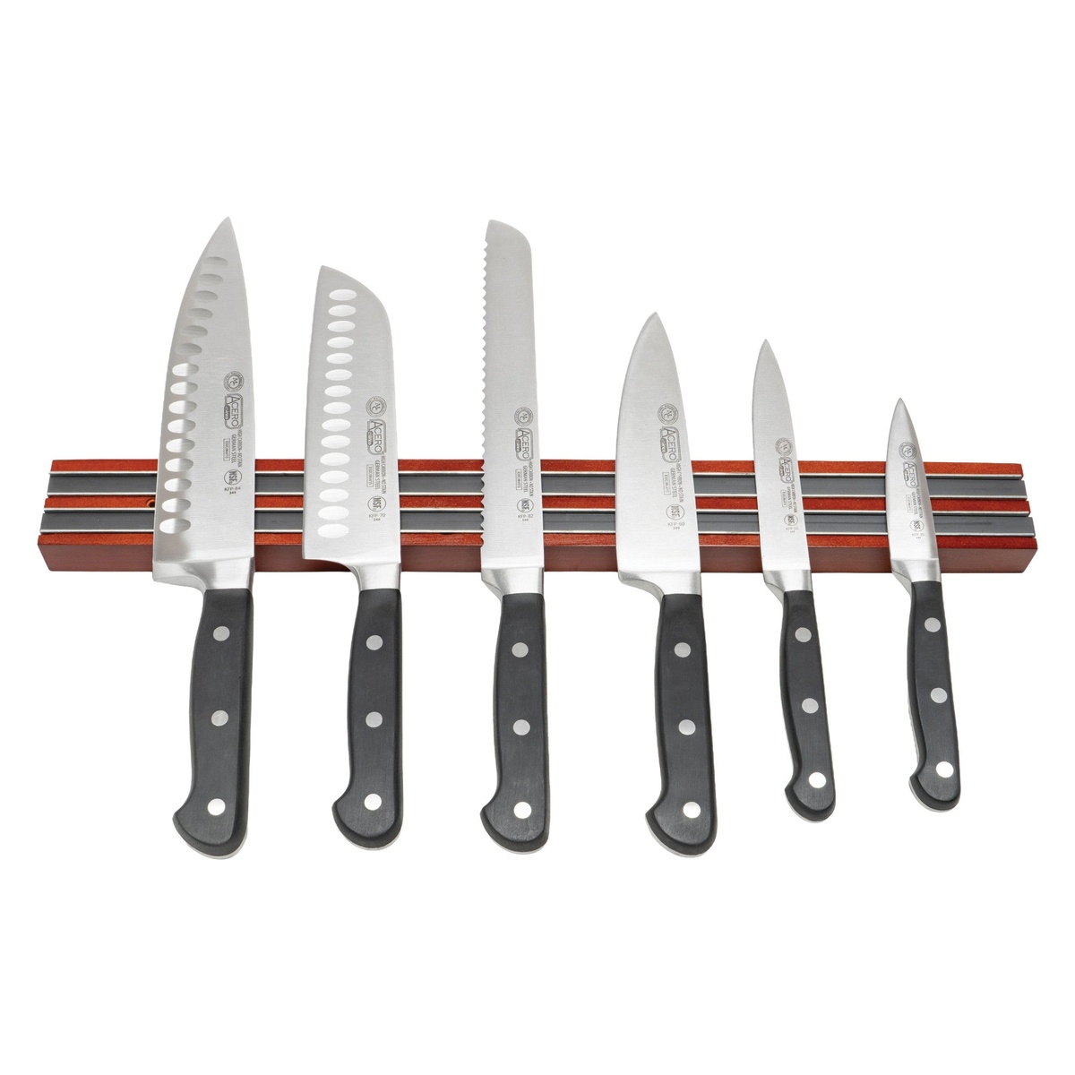 Winco WMB-18 magnetic knife bar holding six assorted professional knives of varying sizes
