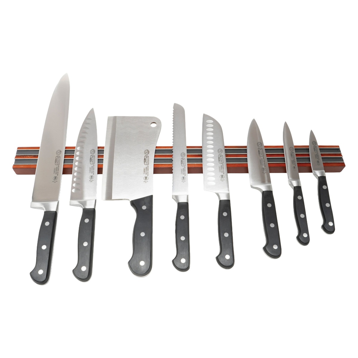 Winco WMB-24 magnetic knife bar holding multiple professional kitchen knives including cleavers and santoku blades