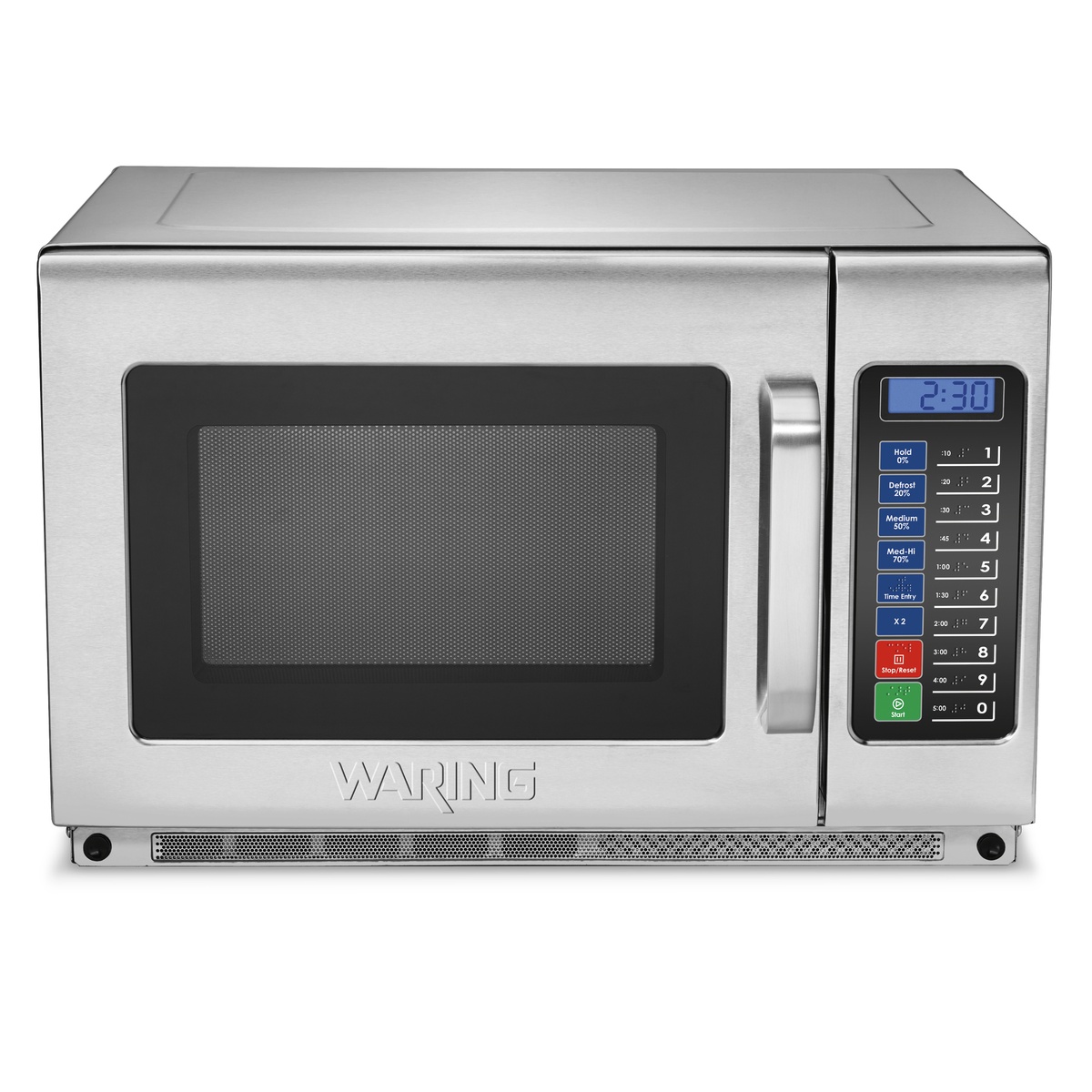 Waring WMO120 stainless steel microwave showing control panel and handle