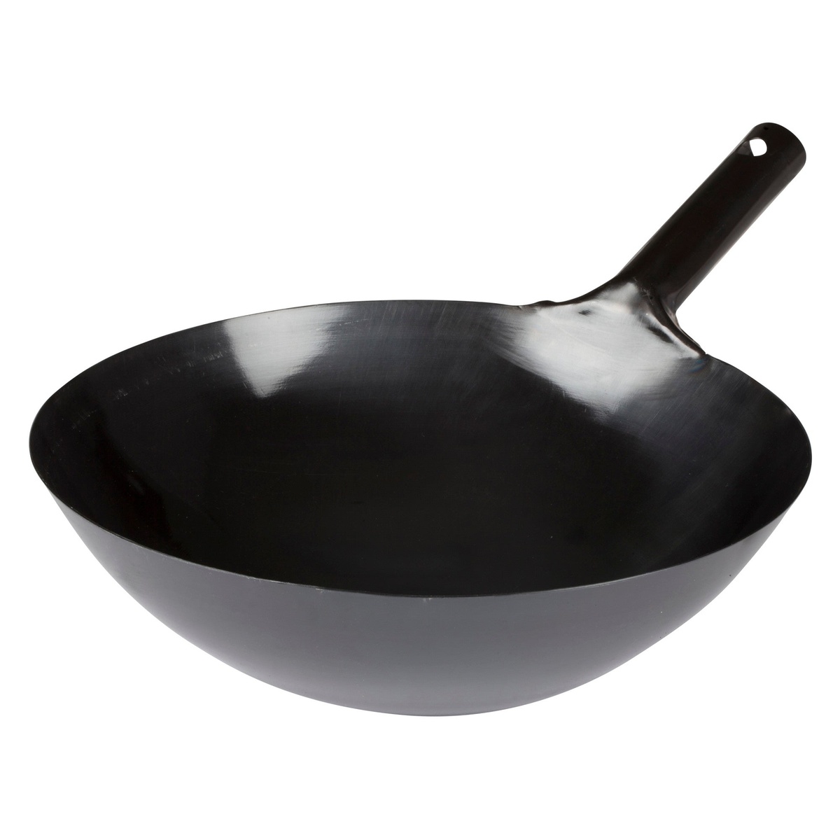 Winco WOK-34 black carbon steel Japanese wok showing deep interior bowl and welded handle from front angle