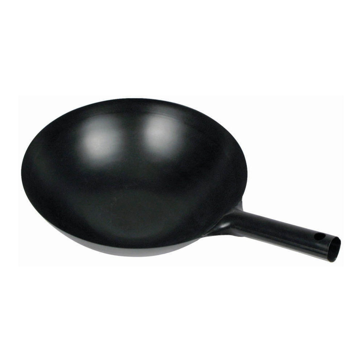 Winco WOK-34 14-inch black carbon steel Japanese-style wok with short handle, angled overhead view
