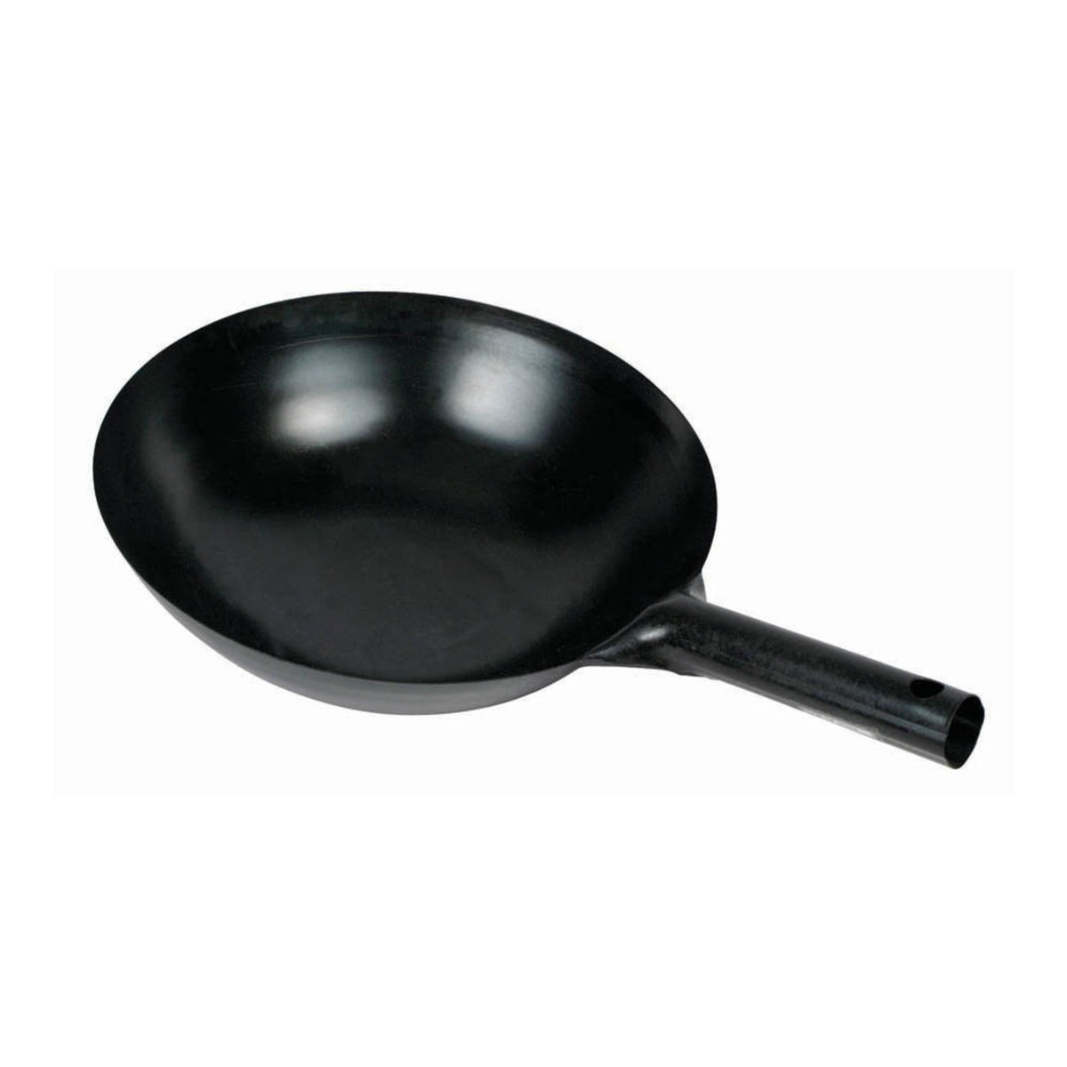 Winco WOK-36 black carbon steel wok side view showing rounded bottom and integral stem handle