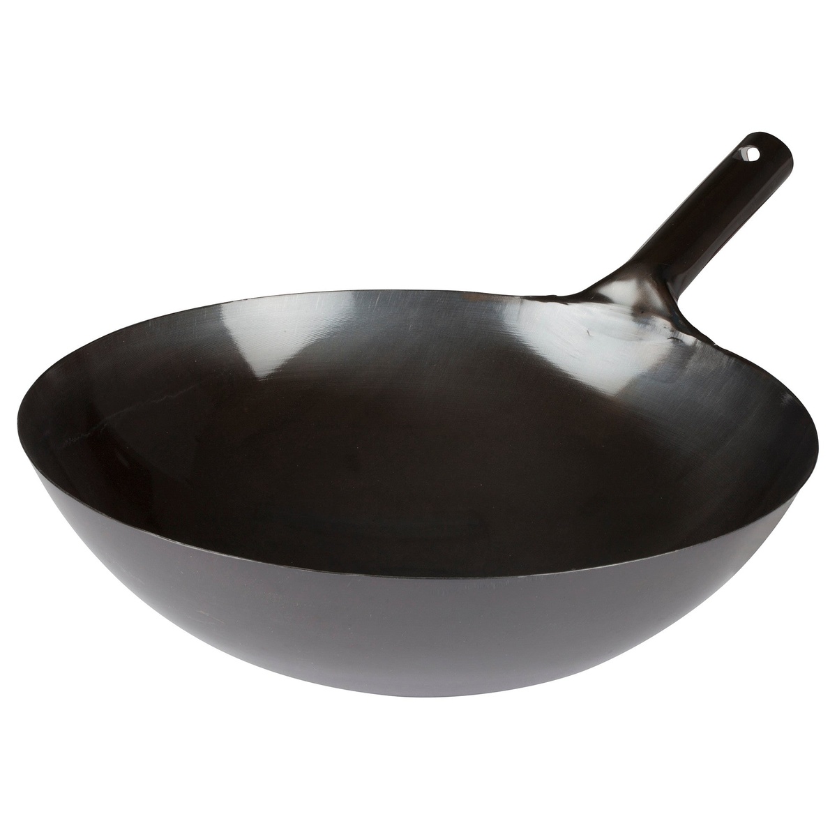 Winco WOK-36 black carbon steel wok overhead angled view showing deep bowl and flat welded handle