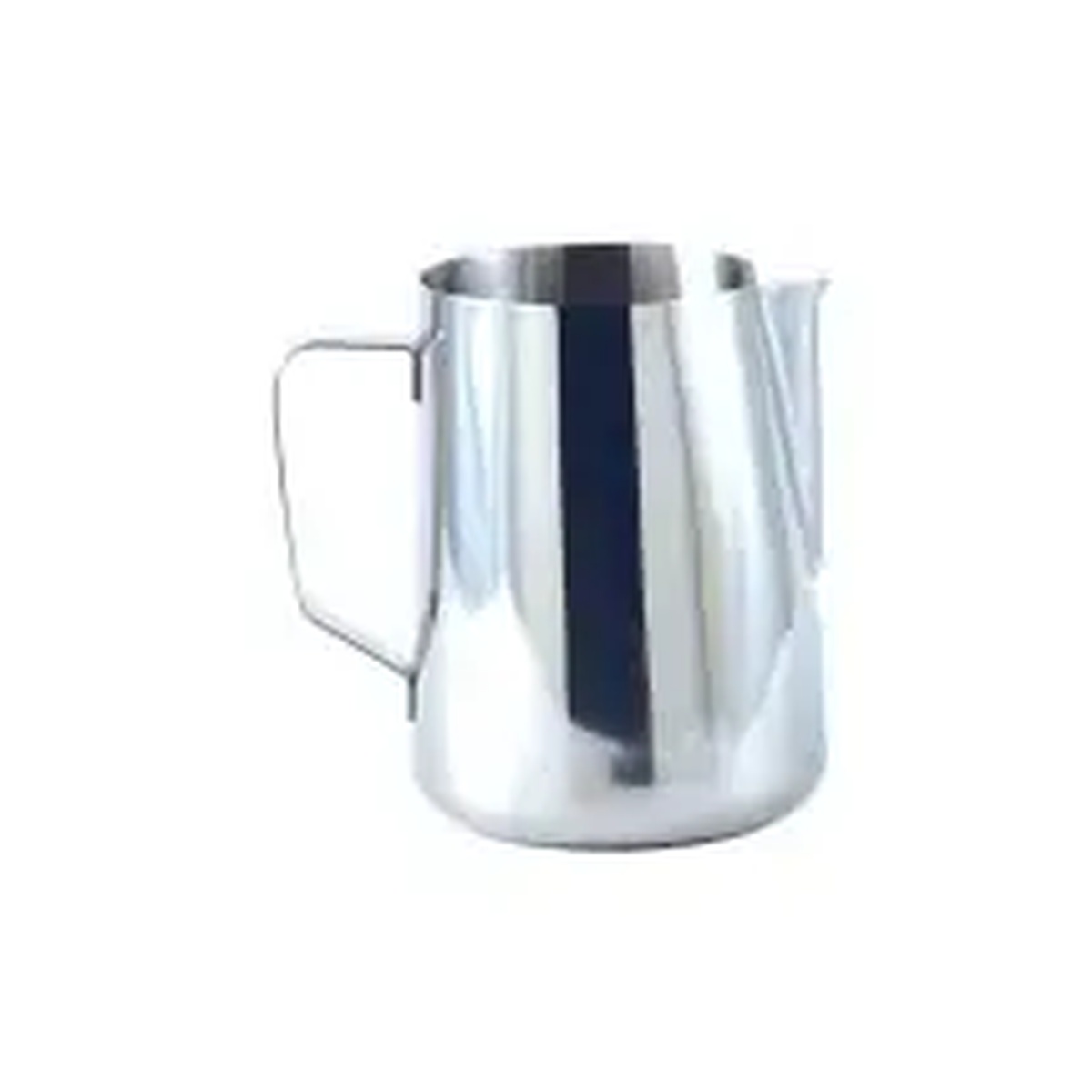 Winco stainless steel frothing pitcher showing classic pitcher profile with angular handle