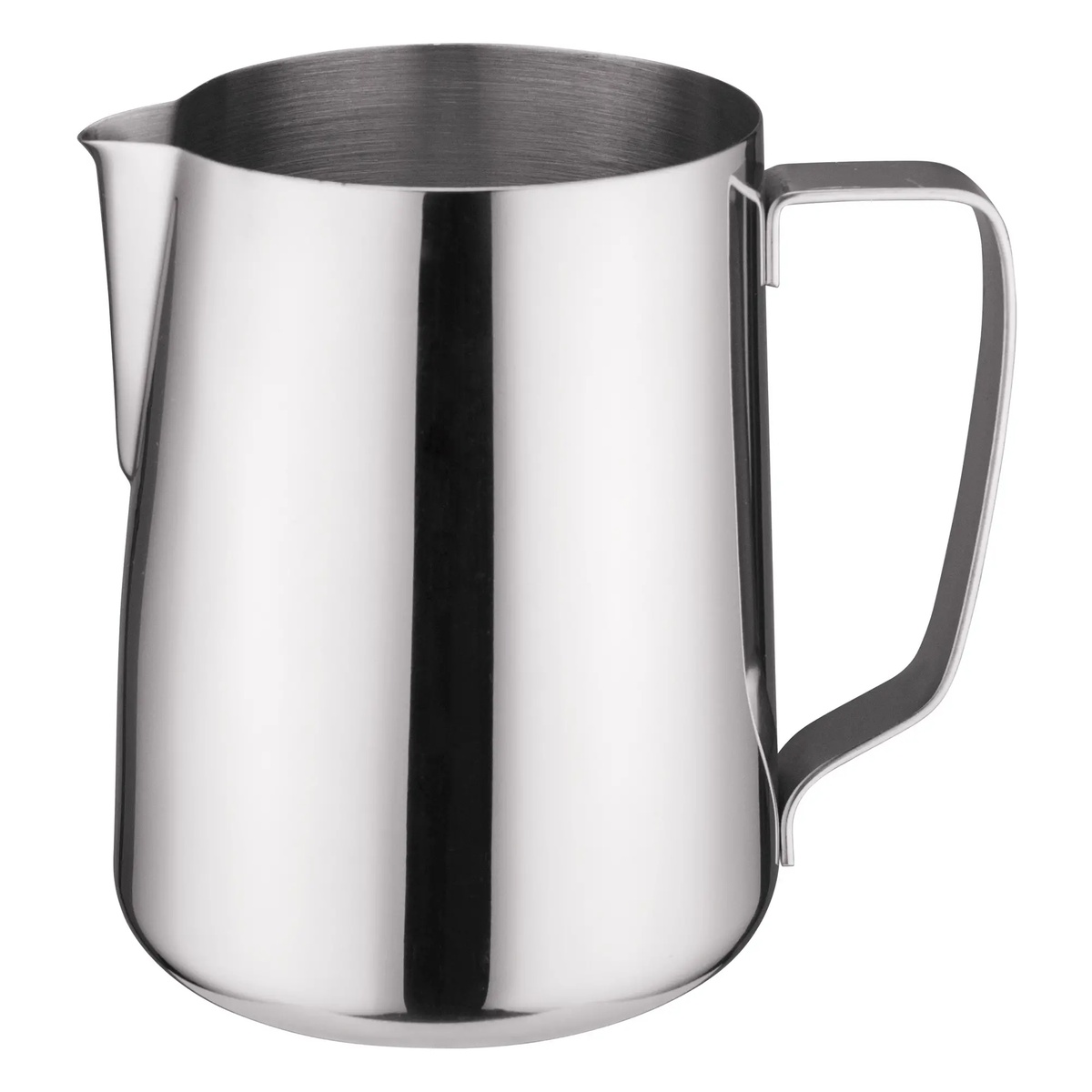 Winco WP-50 polished stainless steel frothing pitcher with angled spout and ergonomic handle, 50 oz capacity