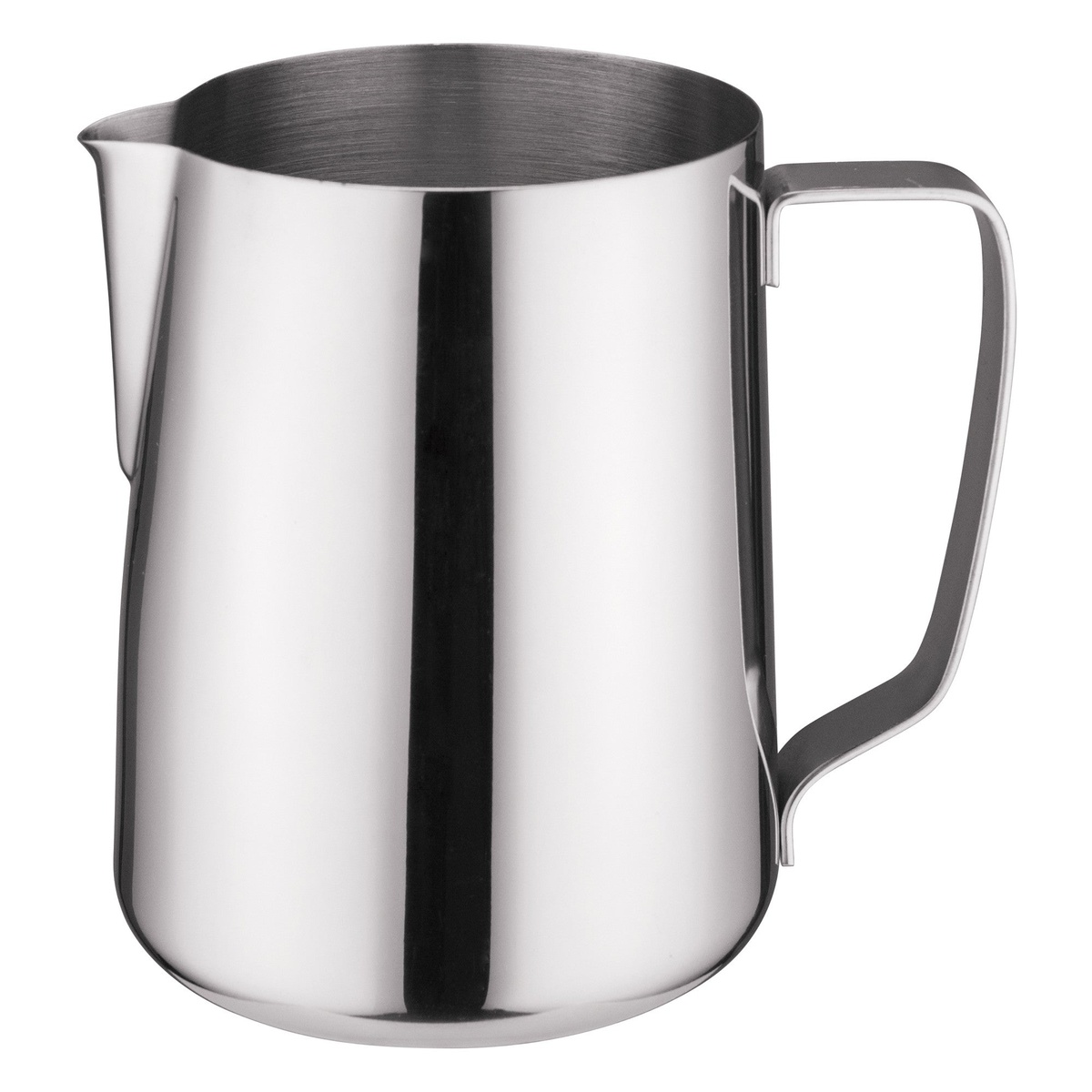 Winco WP-66 66 oz stainless steel frothing pitcher with ergonomic handle and spout on white background