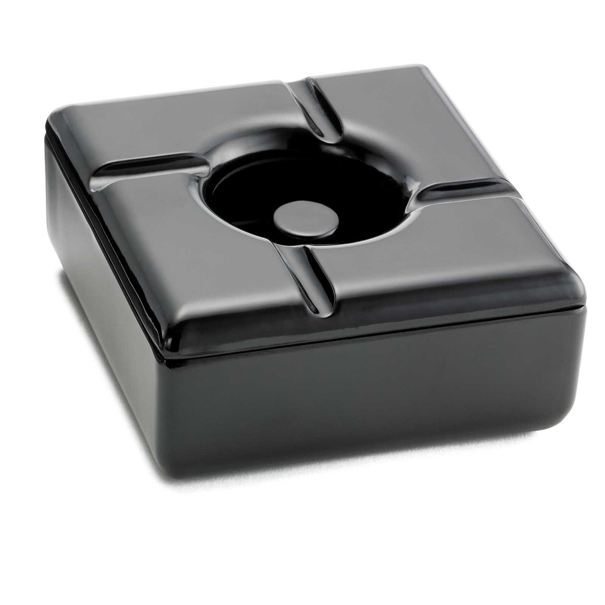 TableCraft WPA5BK square black melamine ashtray on white background, showing deep well and four cigarette rests