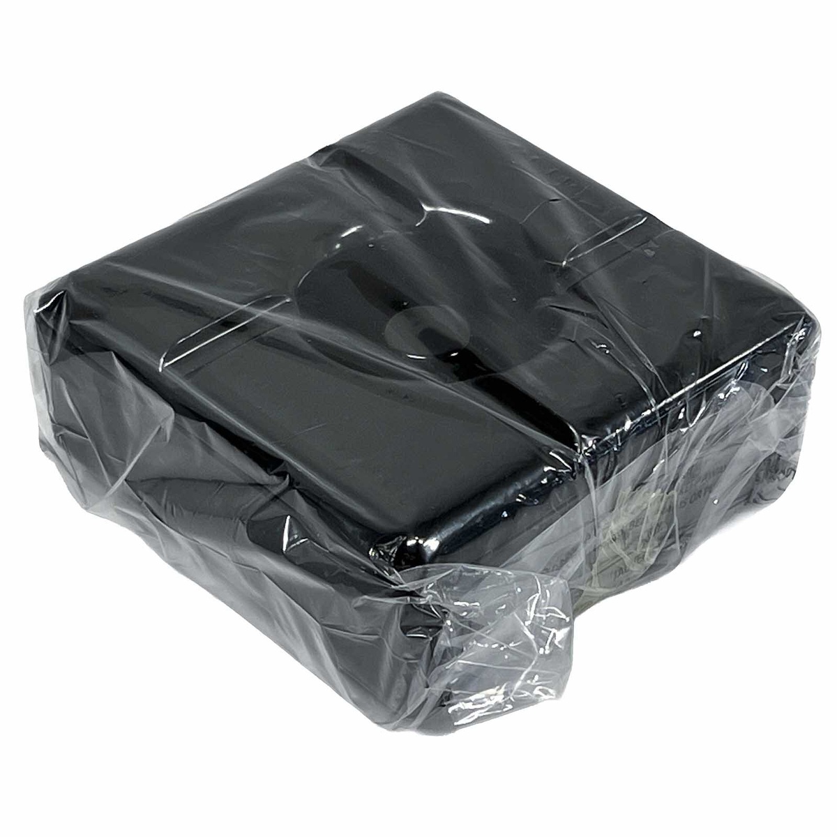 TableCraft WPA5BK black melamine ashtrays stacked and wrapped in clear plastic packaging