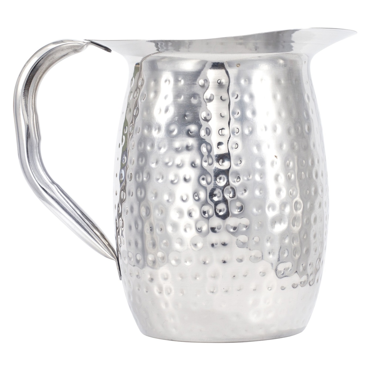 Winco WPB-2CH 2 Qt hammered stainless steel bell pitcher with ice guard and curved handle