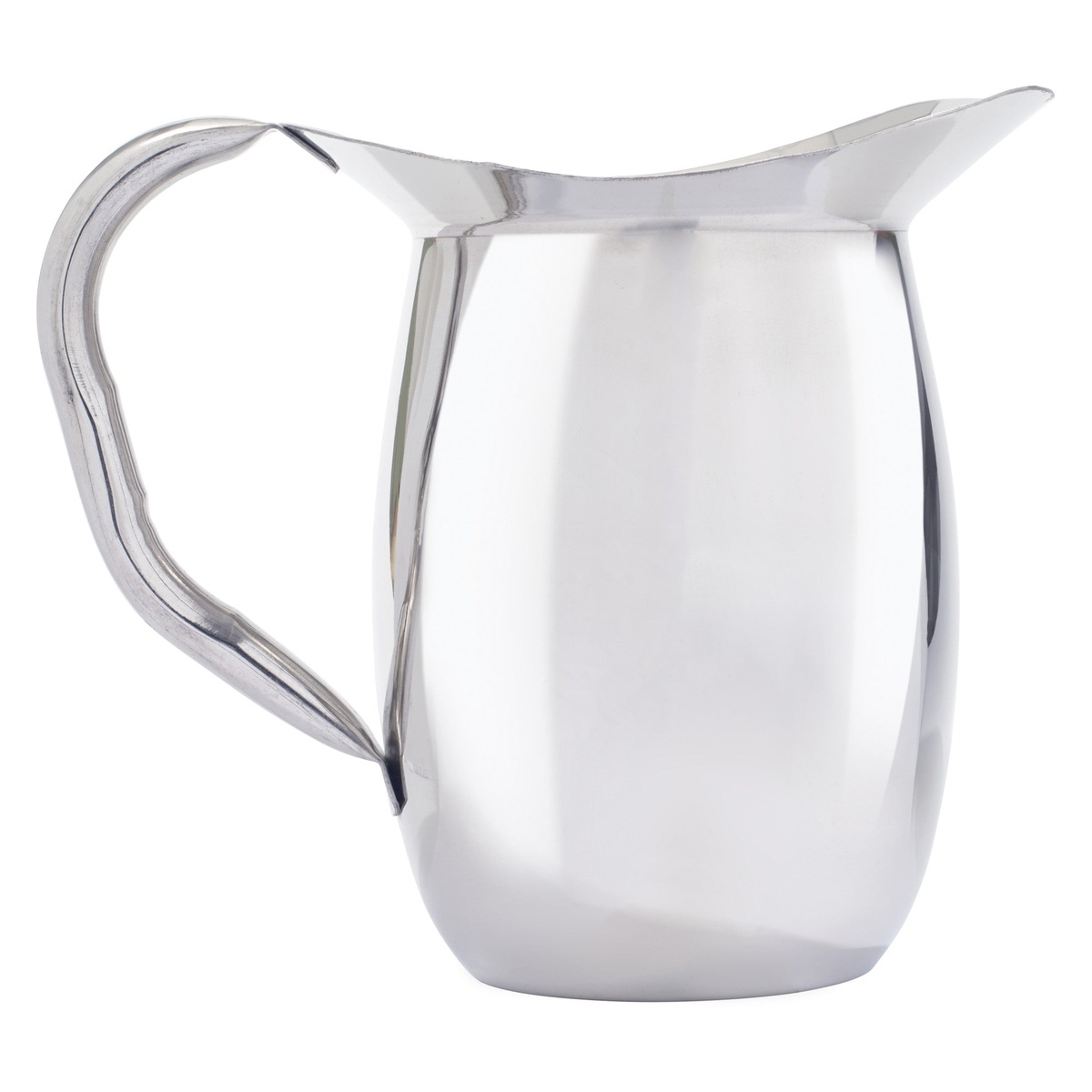 Winco WPB-2 2 Qt stainless steel bell pitcher with mirror finish and hollowed tubular handle