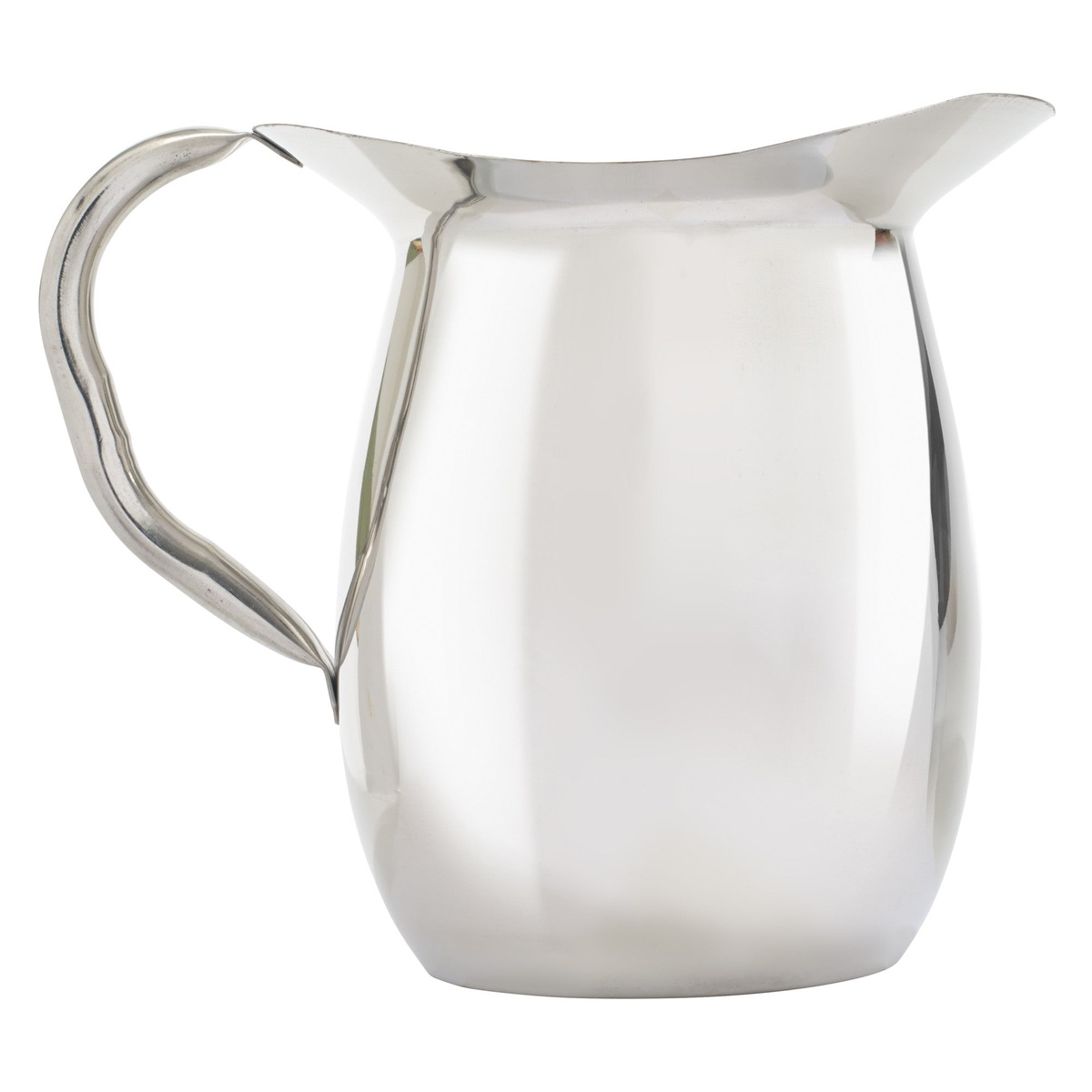 Winco WPB-3 3 qt stainless steel bell pitcher with mirror finish and side handle on white background