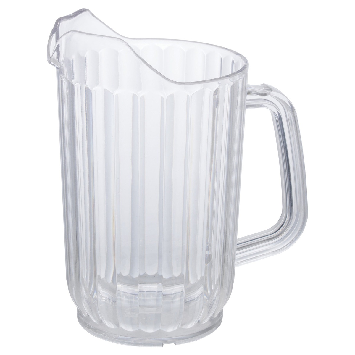 Winco WPC-32 32 oz clear polycarbonate single-spout water pitcher with ribbed body and ergonomic handle