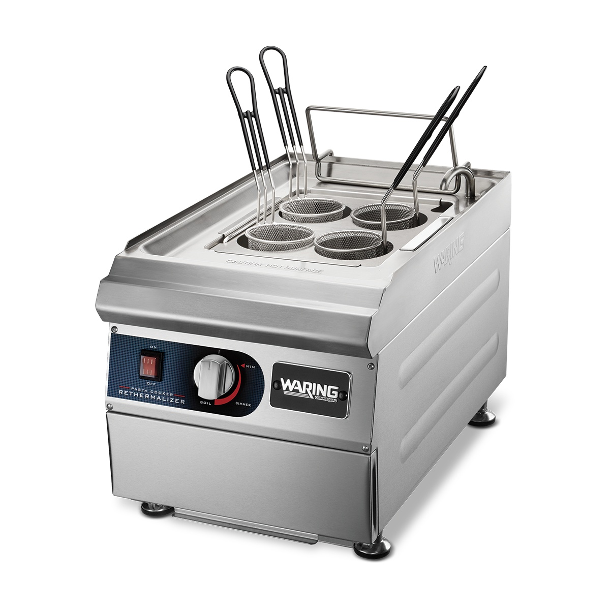 Waring WPC100 pasta cooker with four round portion baskets inserted into the stainless steel cooking tank