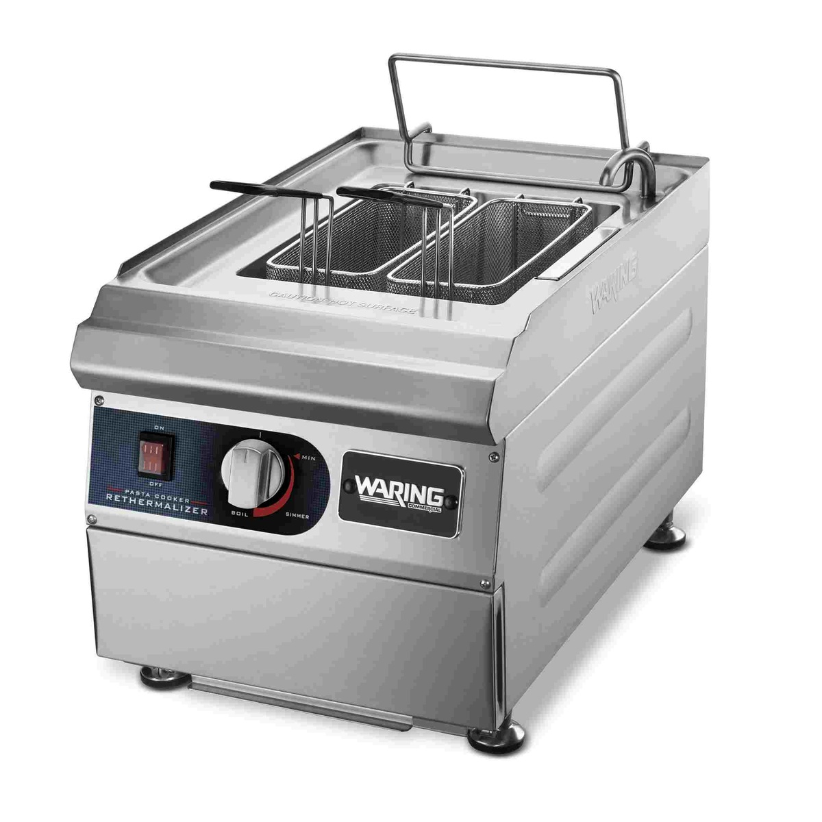 Waring WPC100 pasta cooker rethermalizer with rectangular baskets loaded into stainless steel tank