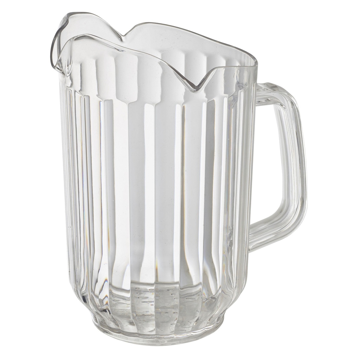 Winco WPCT-60C 60 oz clear polycarbonate triple-spout pitcher with ribbed body and handle