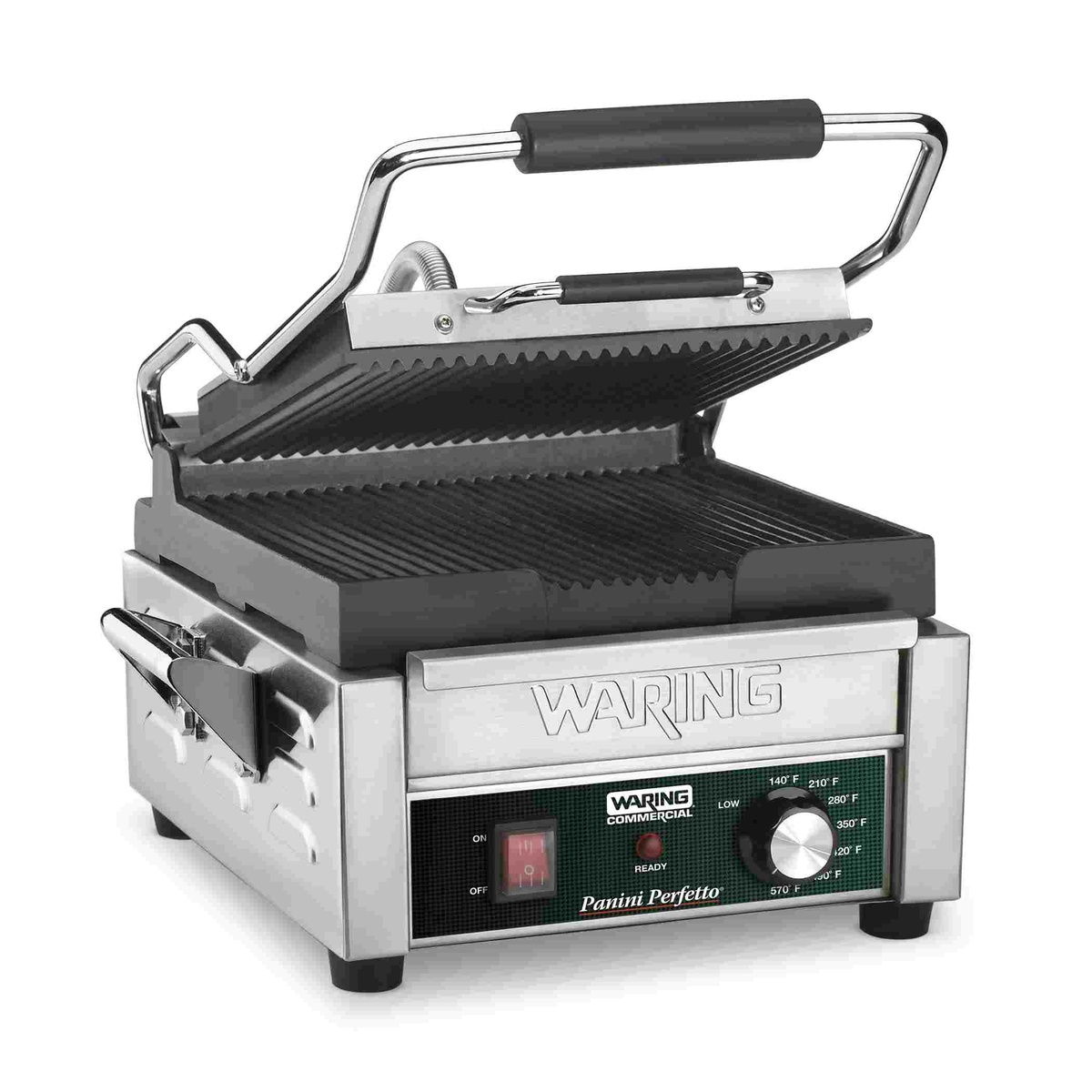 Waring WPG150 ribbed panini grill with hinged top plate