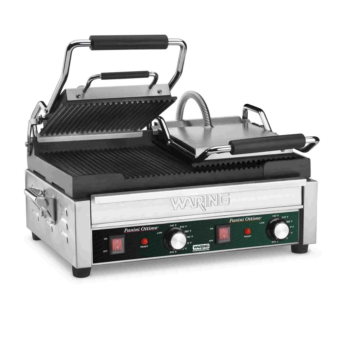 Waring WPG300 double ribbed panini grill with cast-iron plates and stainless steel body
