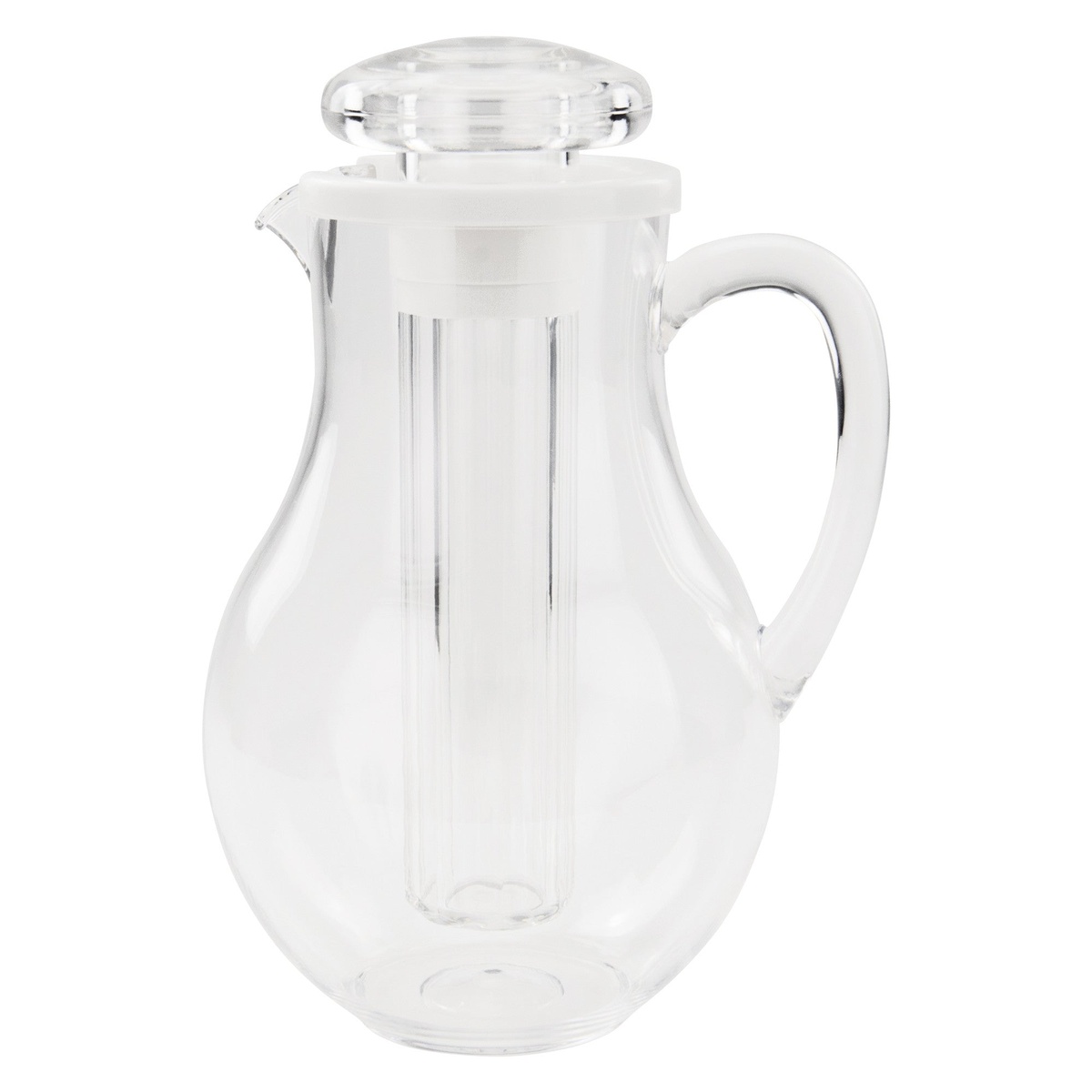 Winco WPIT-19 clear polycarbonate pitcher with built-in ice tube core and lid, empty product view