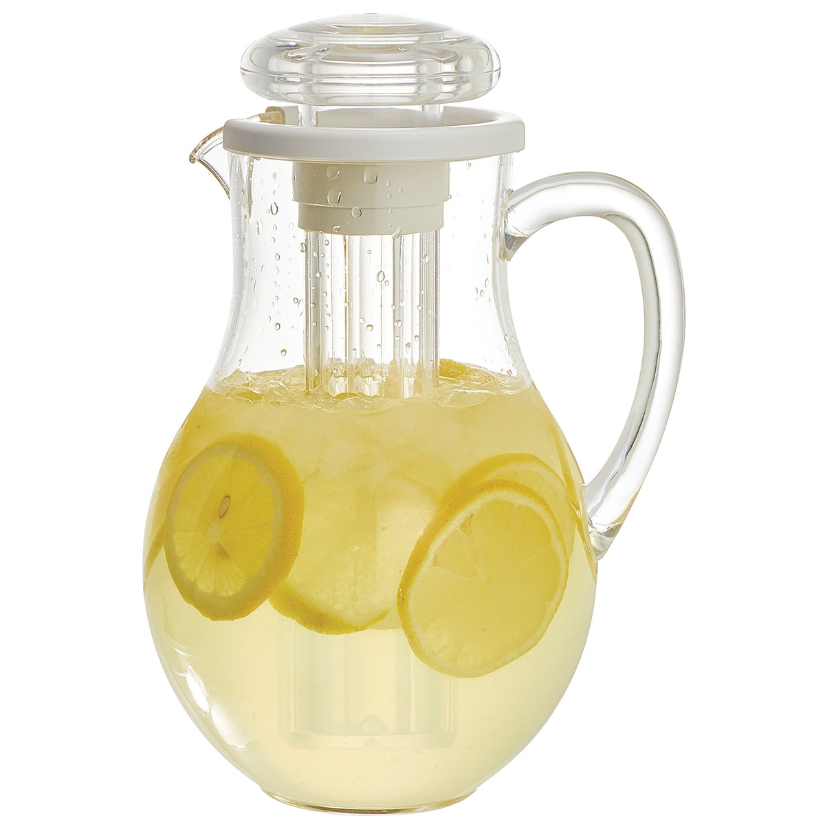 Winco WPIT-19 polycarbonate pitcher filled with lemonade and lemon slices, ice tube core visible inside