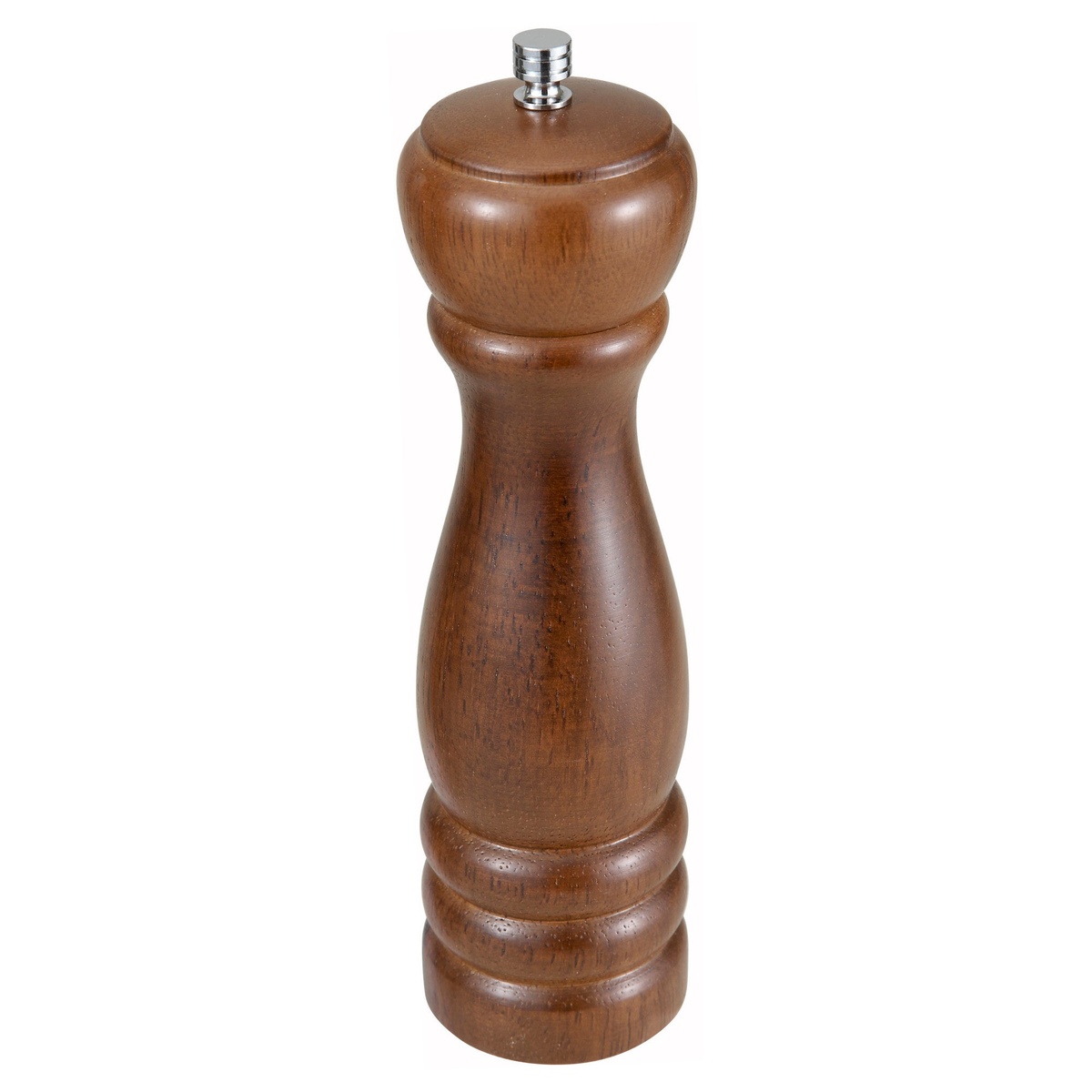 Winco WPM-08 8-inch russet brown rubberwood pepper mill with zinc alloy grinder and chrome top knob