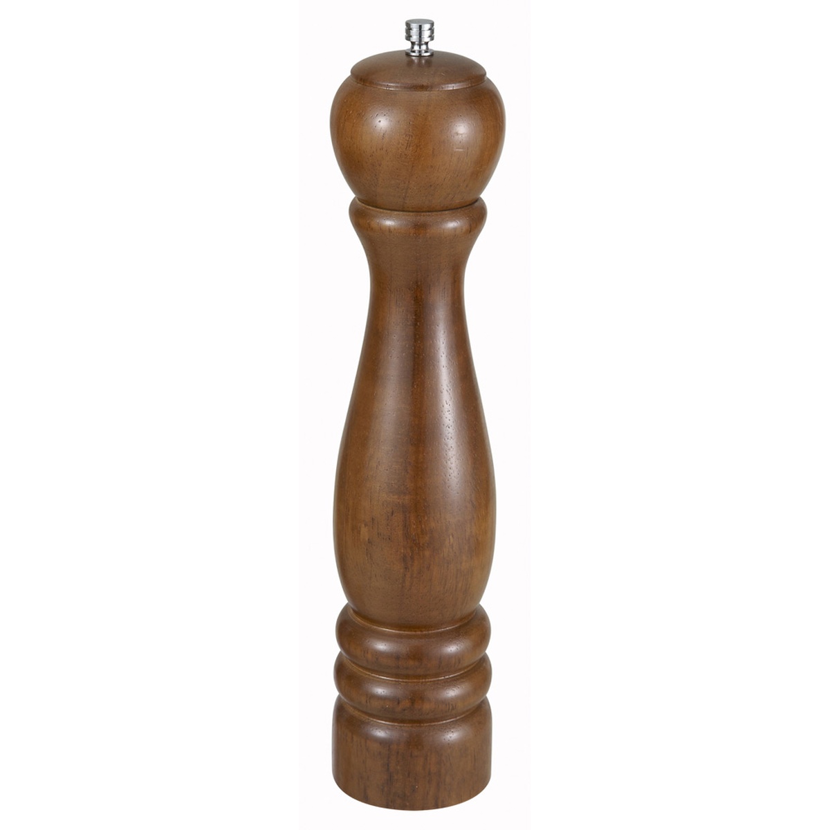 Winco WPM-12 12-inch rubberwood pepper mill with brown oak finish and silver zinc alloy top mechanism