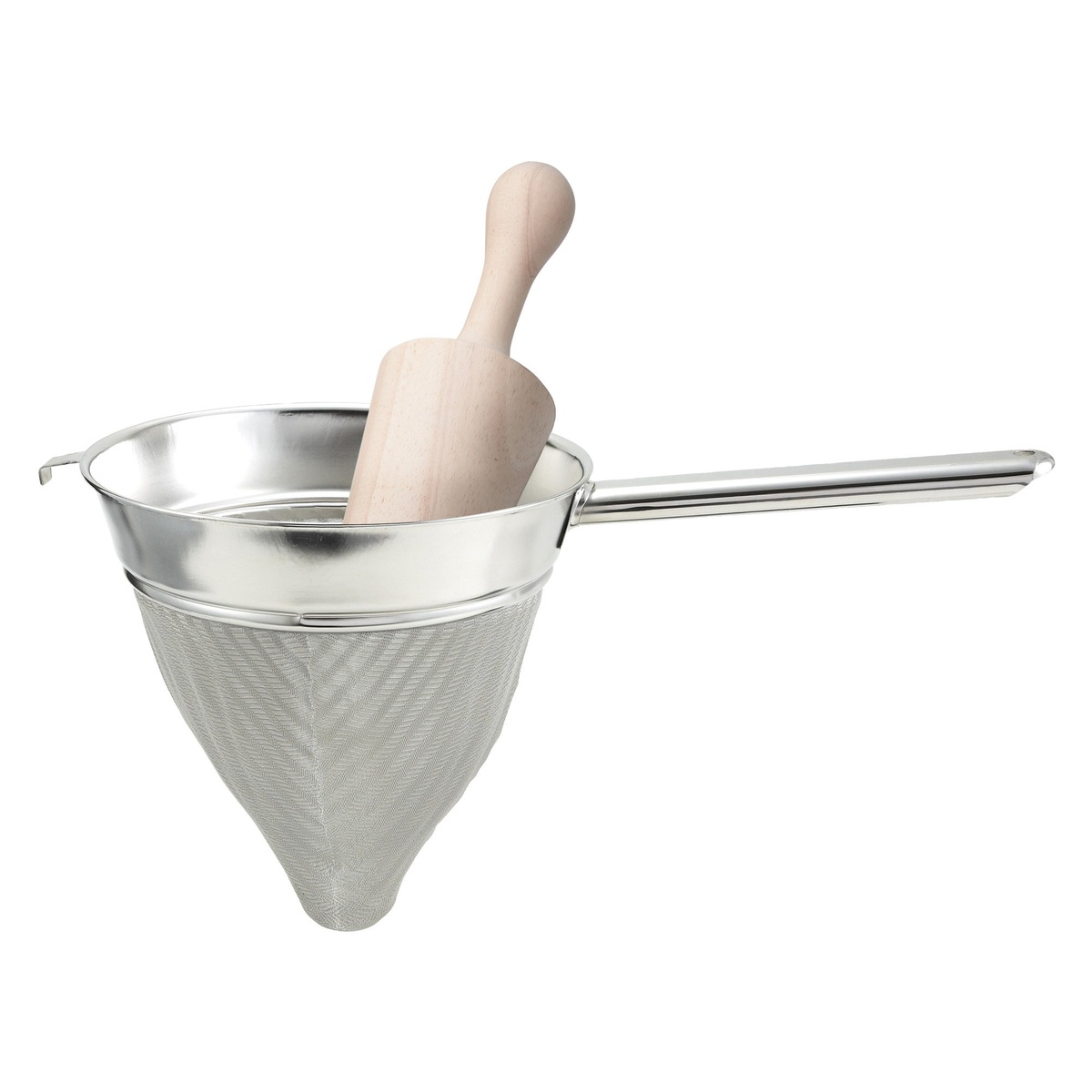 Winco WPST-13 wooden pestle resting inside a stainless steel chinois strainer