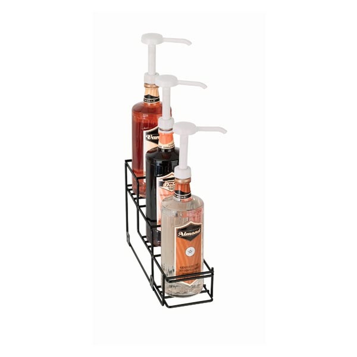 Dispense-Rite WR-BOTL-3 black wire bottle rack holding three syrup bottles with pump dispensers in a staggered tiered arrangement
