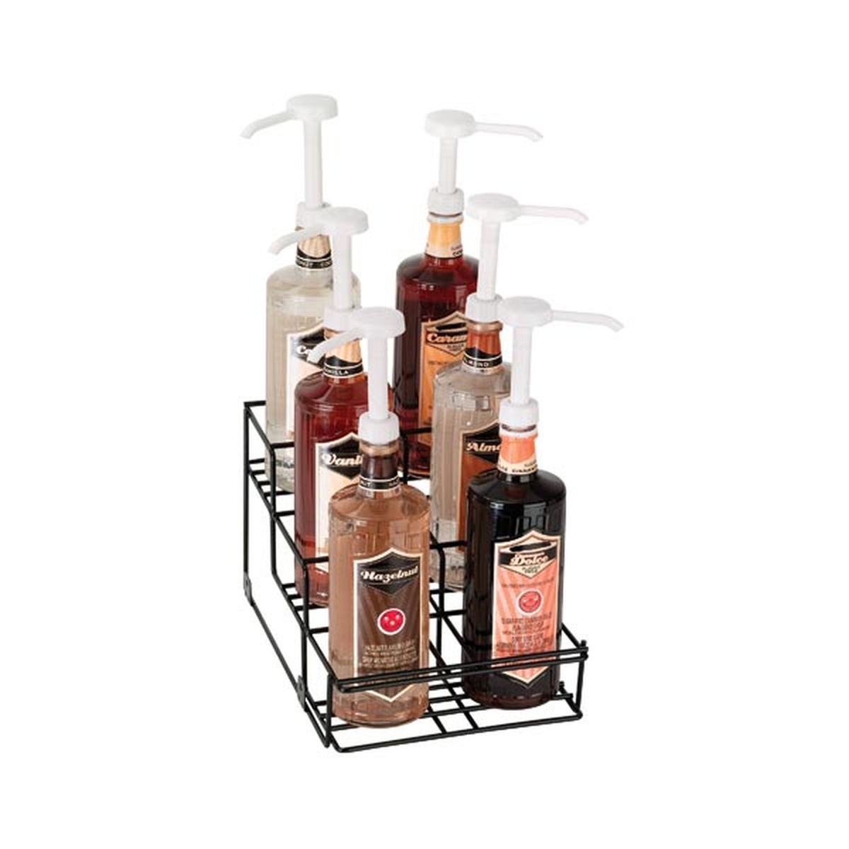 Dispense-Rite WR-BOTL-6 black wire bottle organizer holding six syrup bottles with pump dispensers on a white background