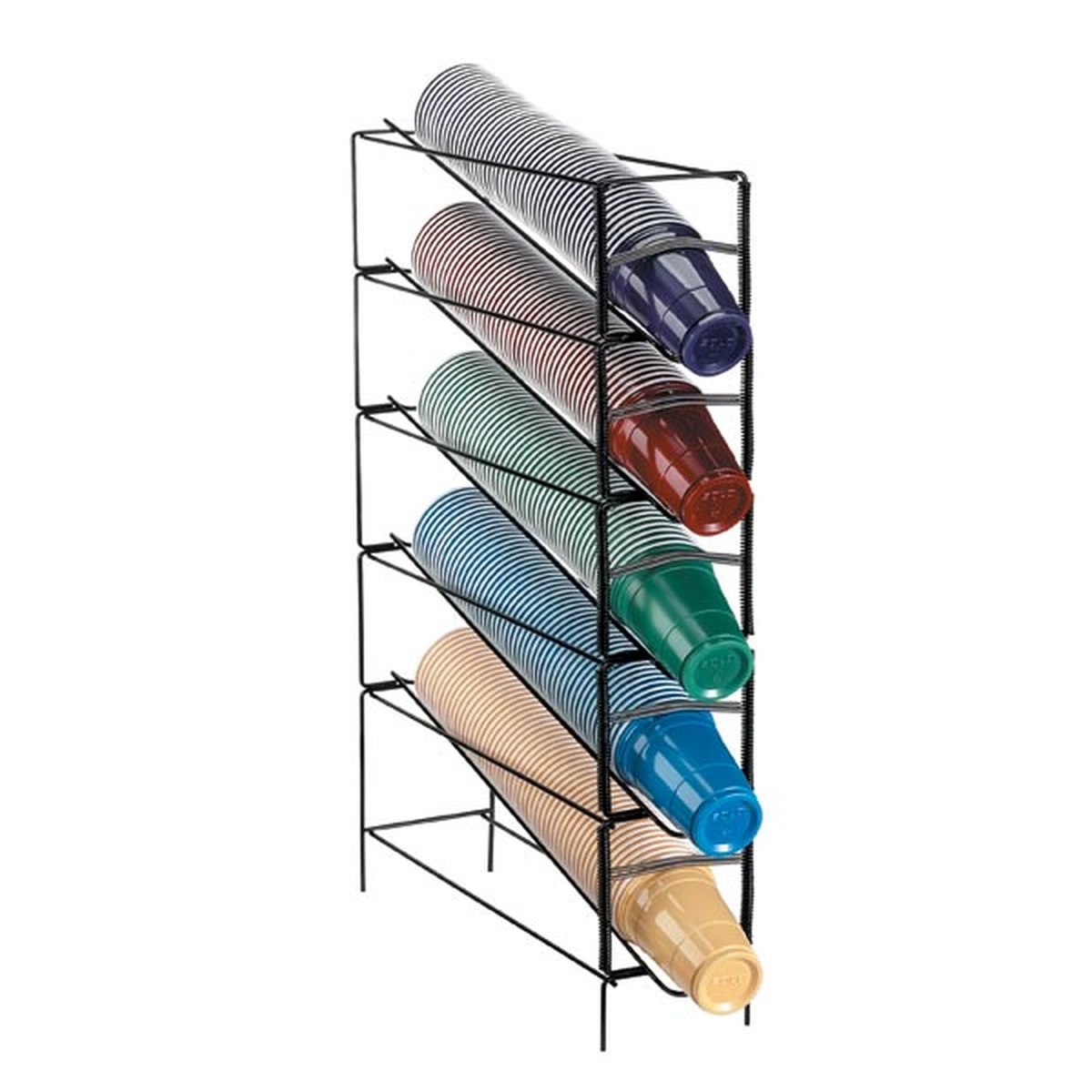 Dispense-Rite WR-CT-5 five-section black wire rack cup dispenser loaded with stacked cups in multiple sizes