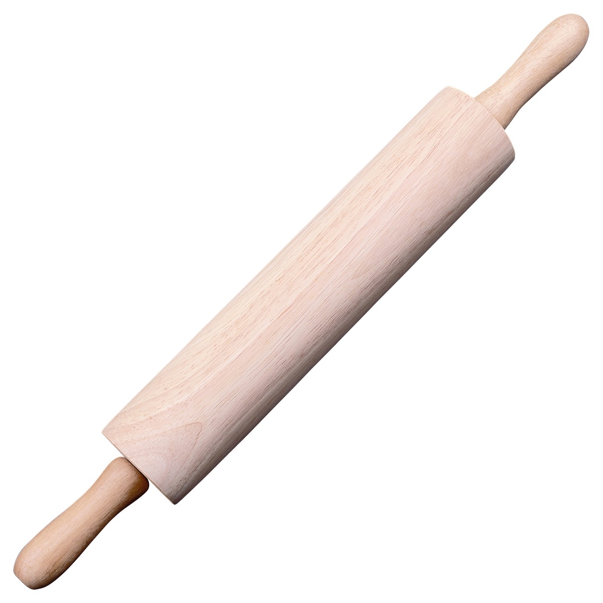 Winco WRP-13 natural hardwood rolling pin with turned handles on a white background