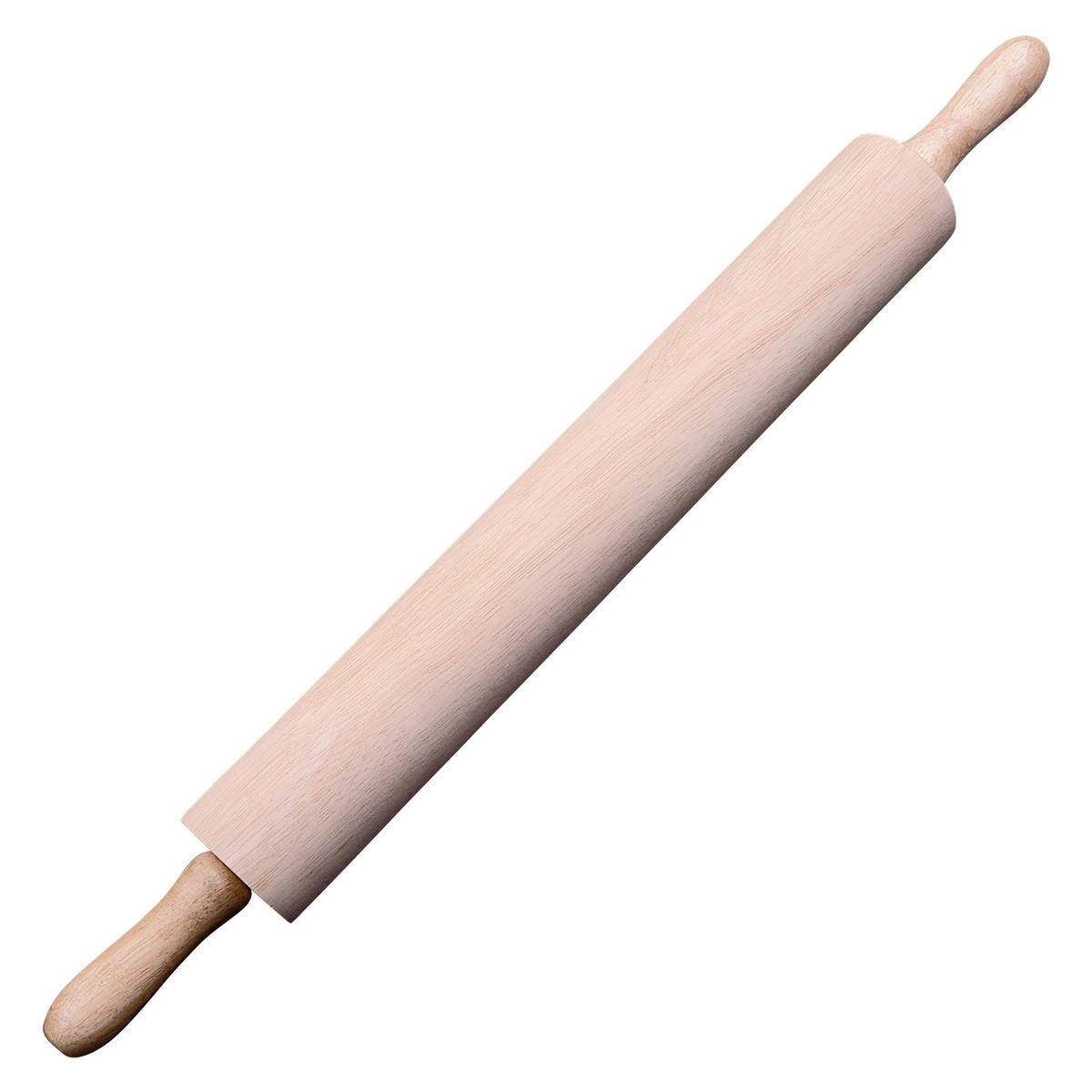 Winco WRP-18 18-inch wood rolling pin with contoured handles on white background