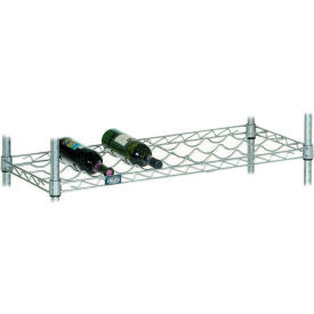 Nexel WS1436C chrome wire wine shelf 36 inches wide with wine bottles cradled in curved wire holders