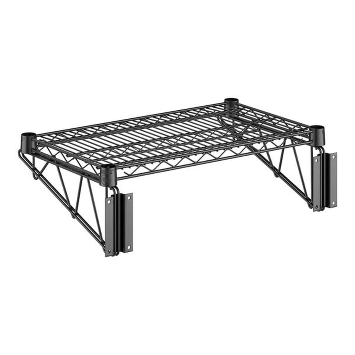 Black epoxy wire wall mount shelf showing dual wall mounting brackets