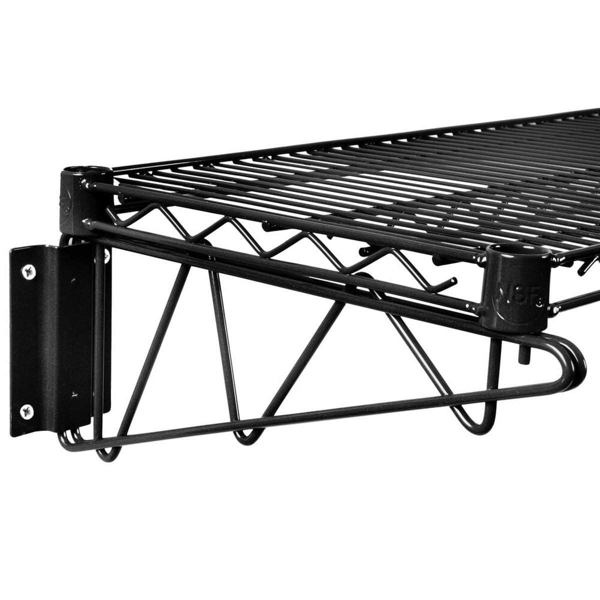 Close-up detail of black epoxy wire wall mount shelf bracket and corner connection